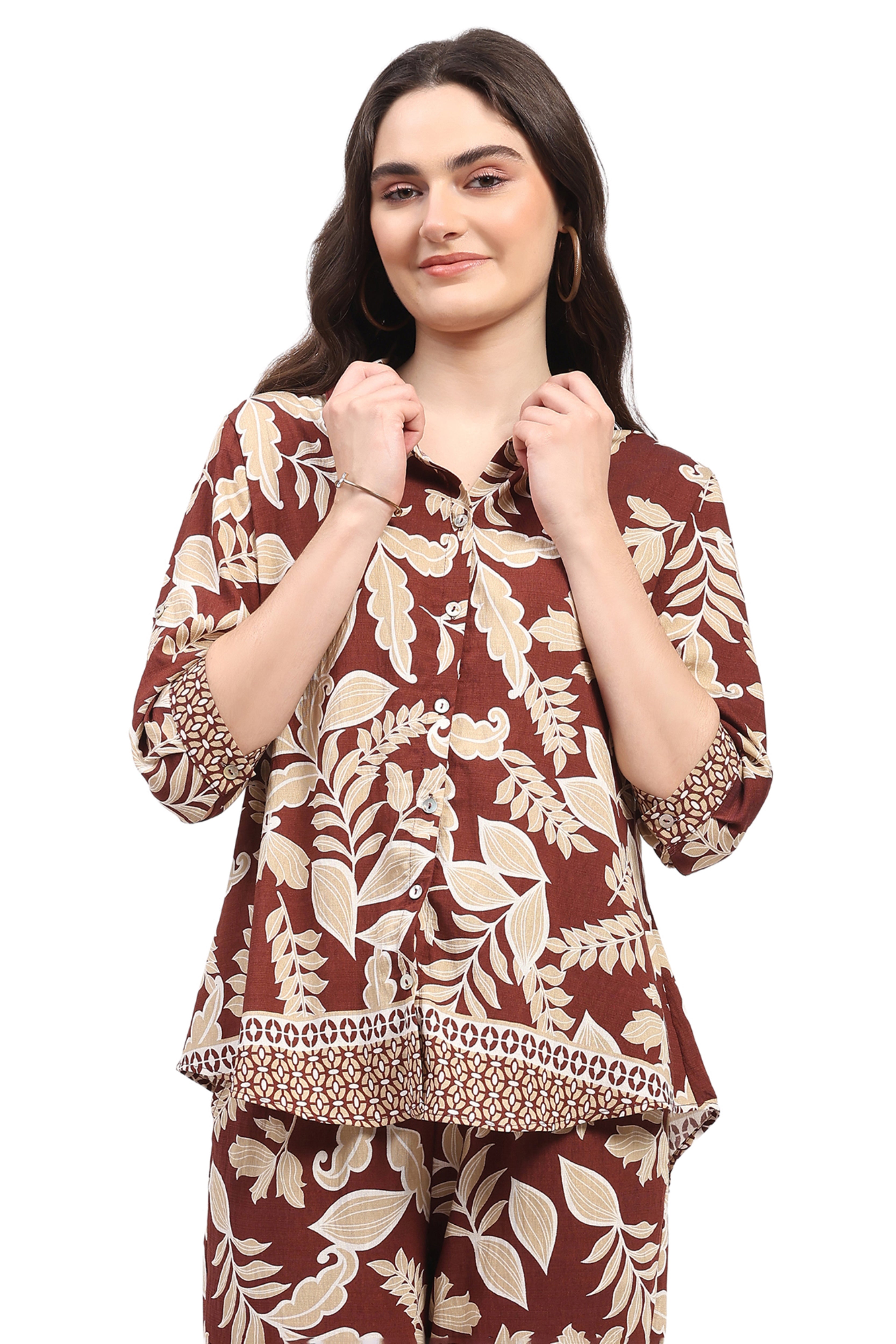 Mocha Leaf & Floral Print Rayon Shirt