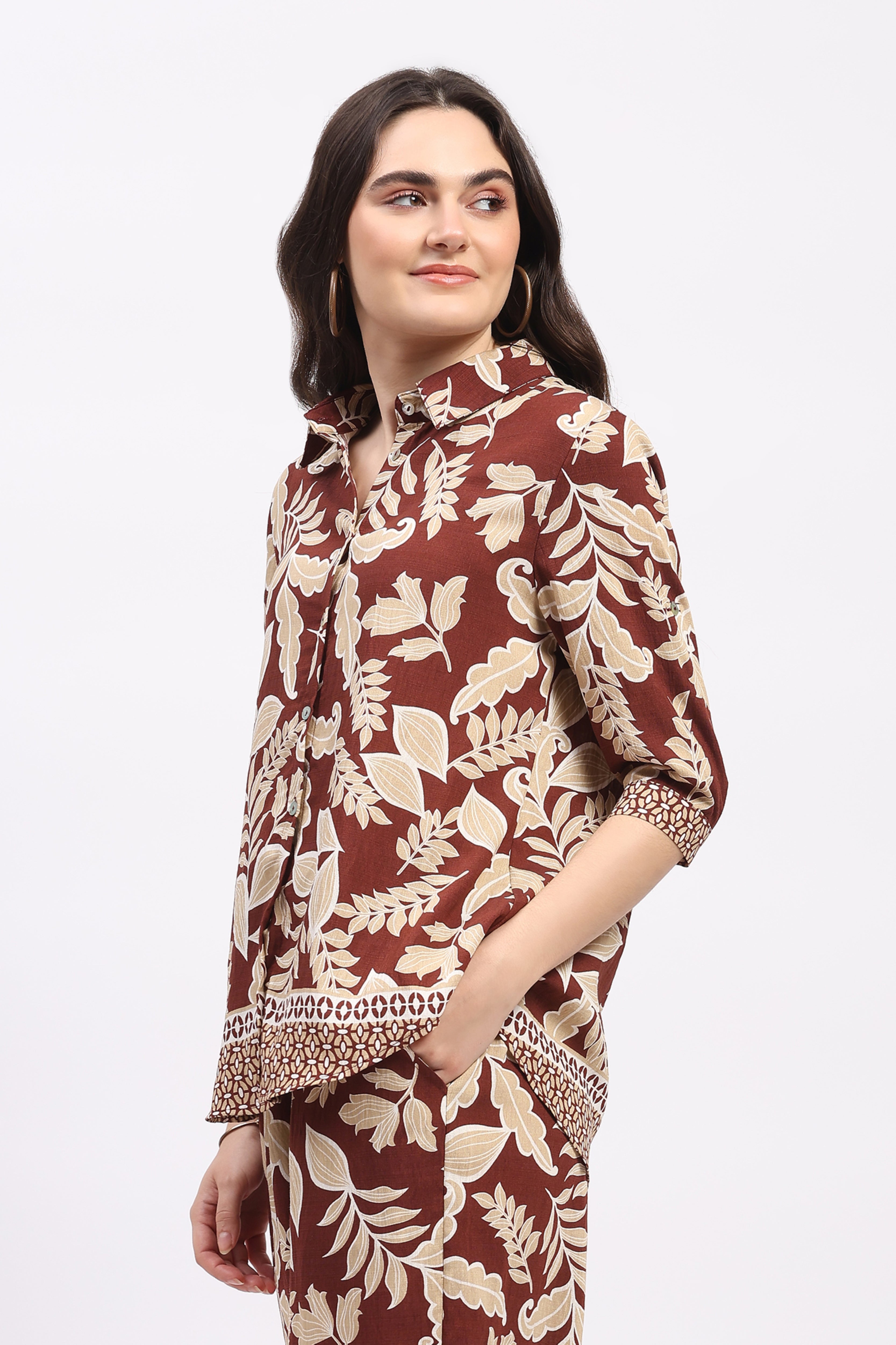 Mocha Leaf & Floral Print Rayon Co-ord Set