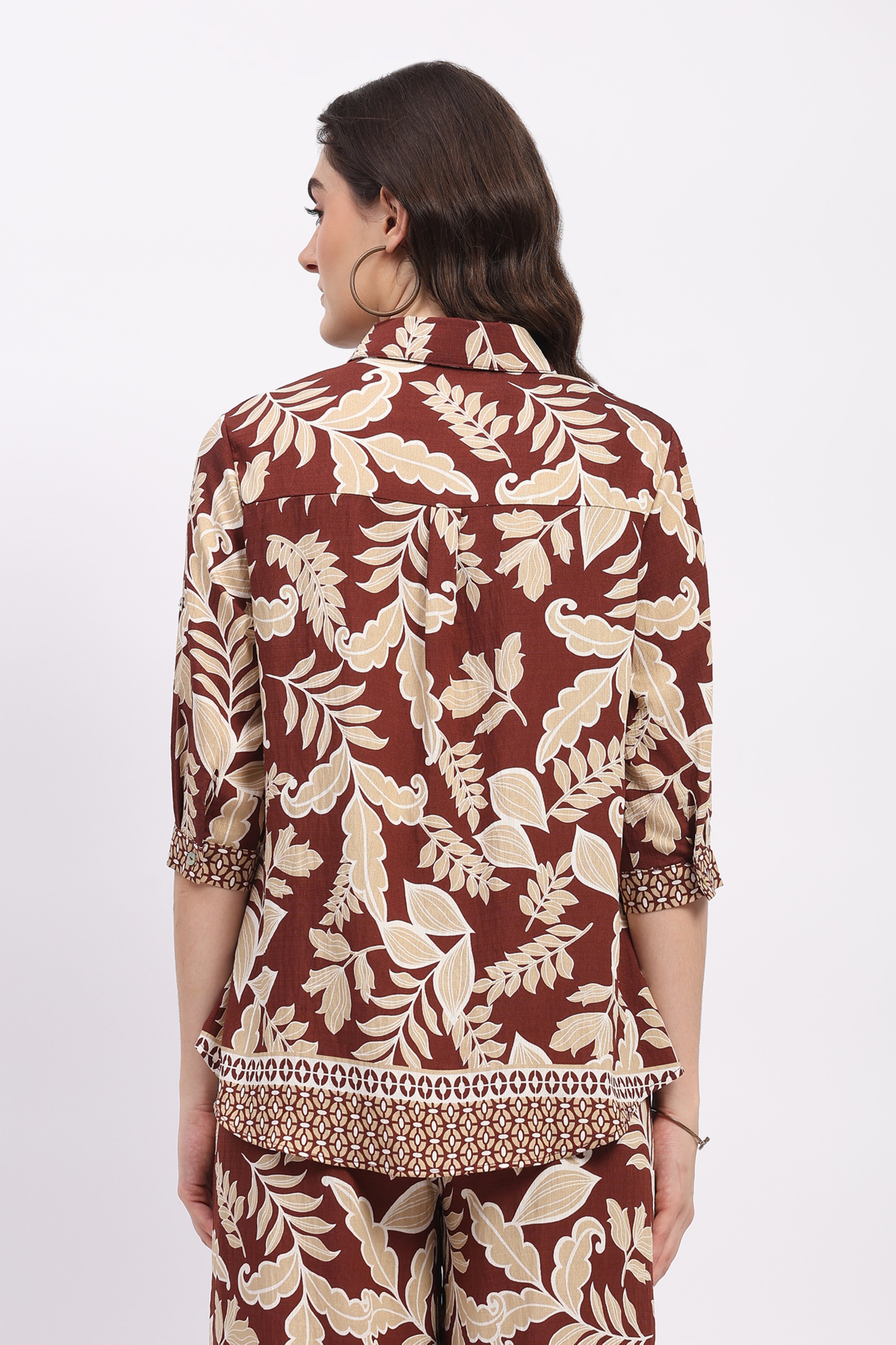 Mocha Leaf & Floral Print Rayon Shirt