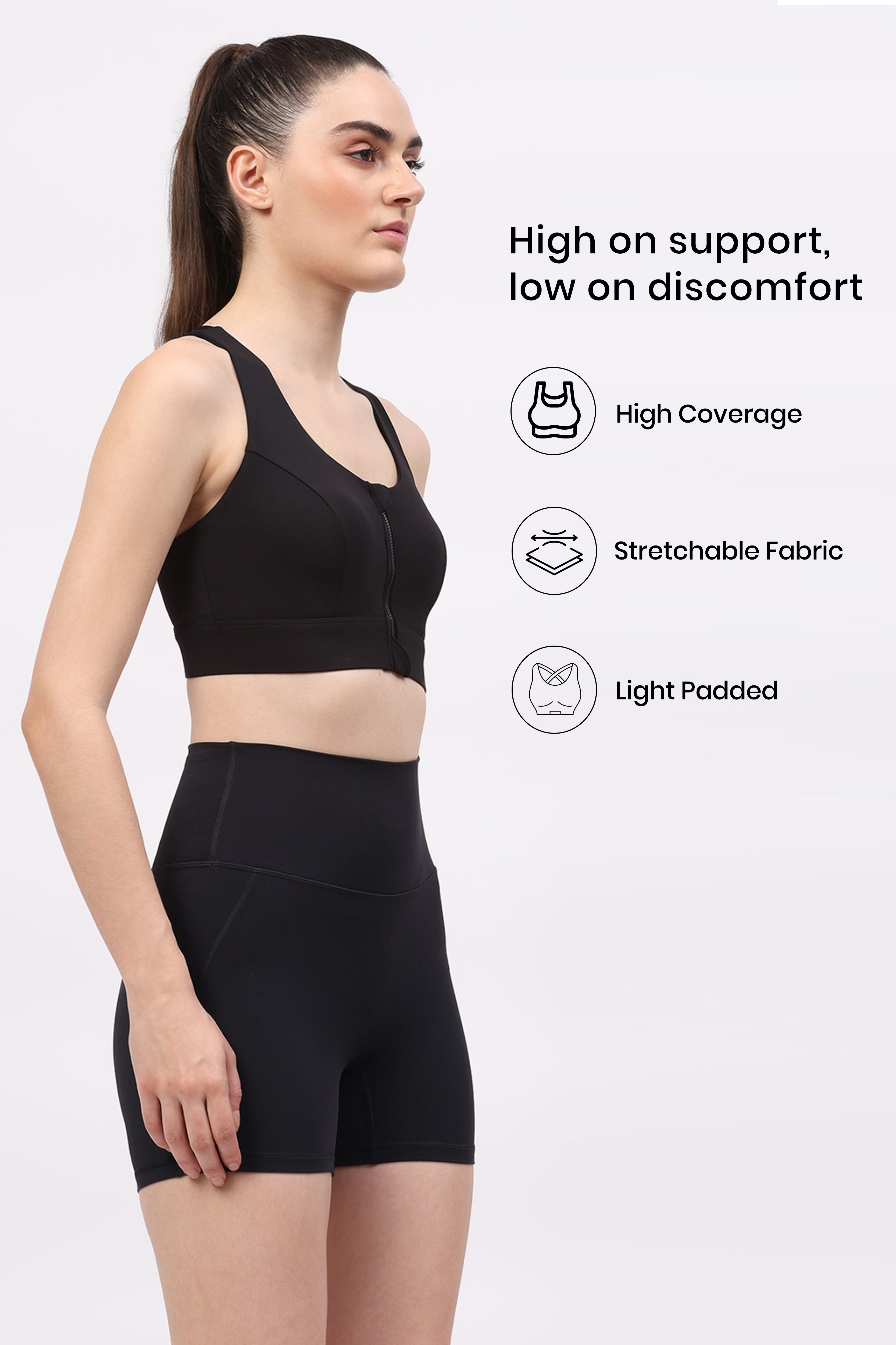Black Front Zip Racerback Sports Bra