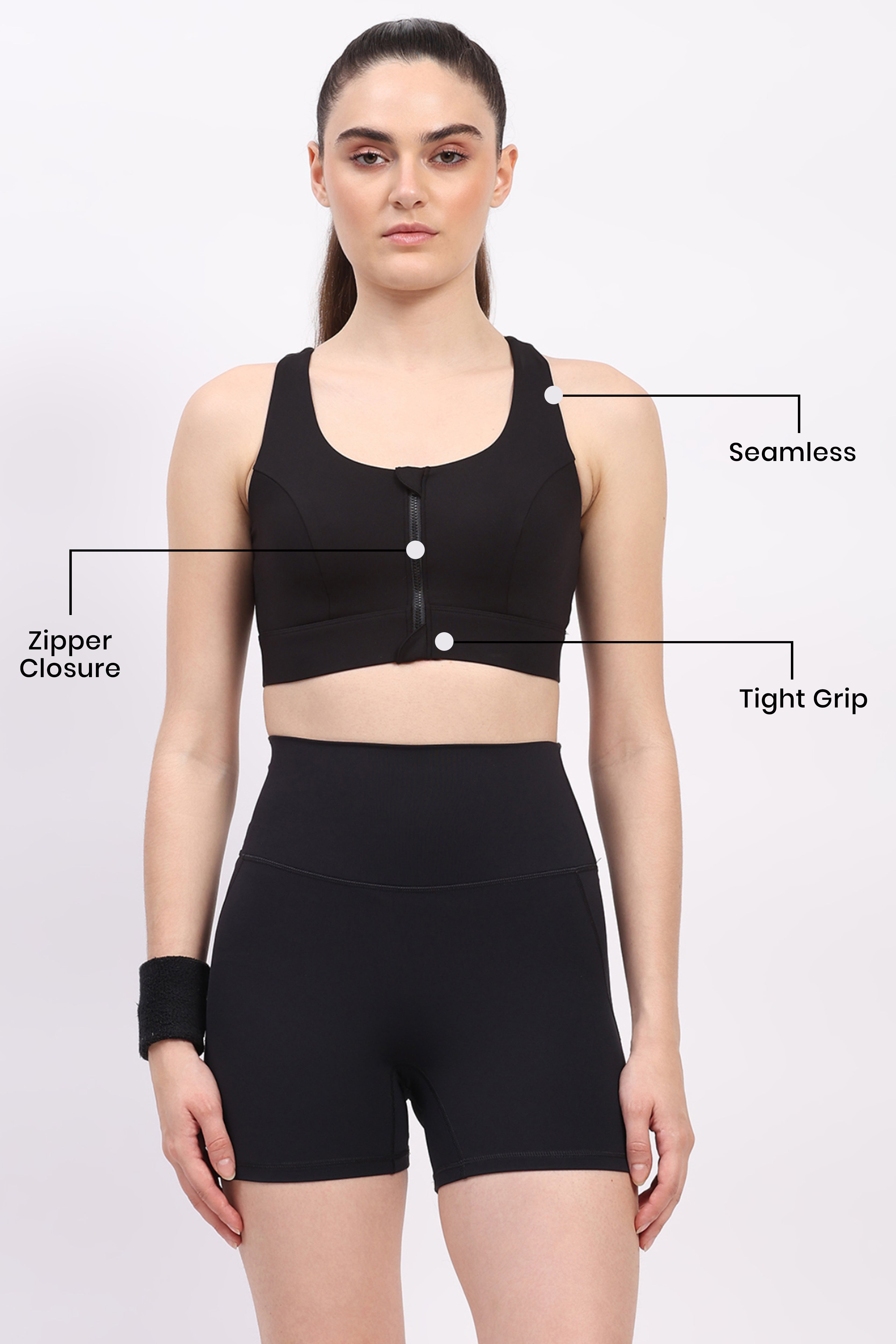 Black Front Zip Racerback Sports Bra