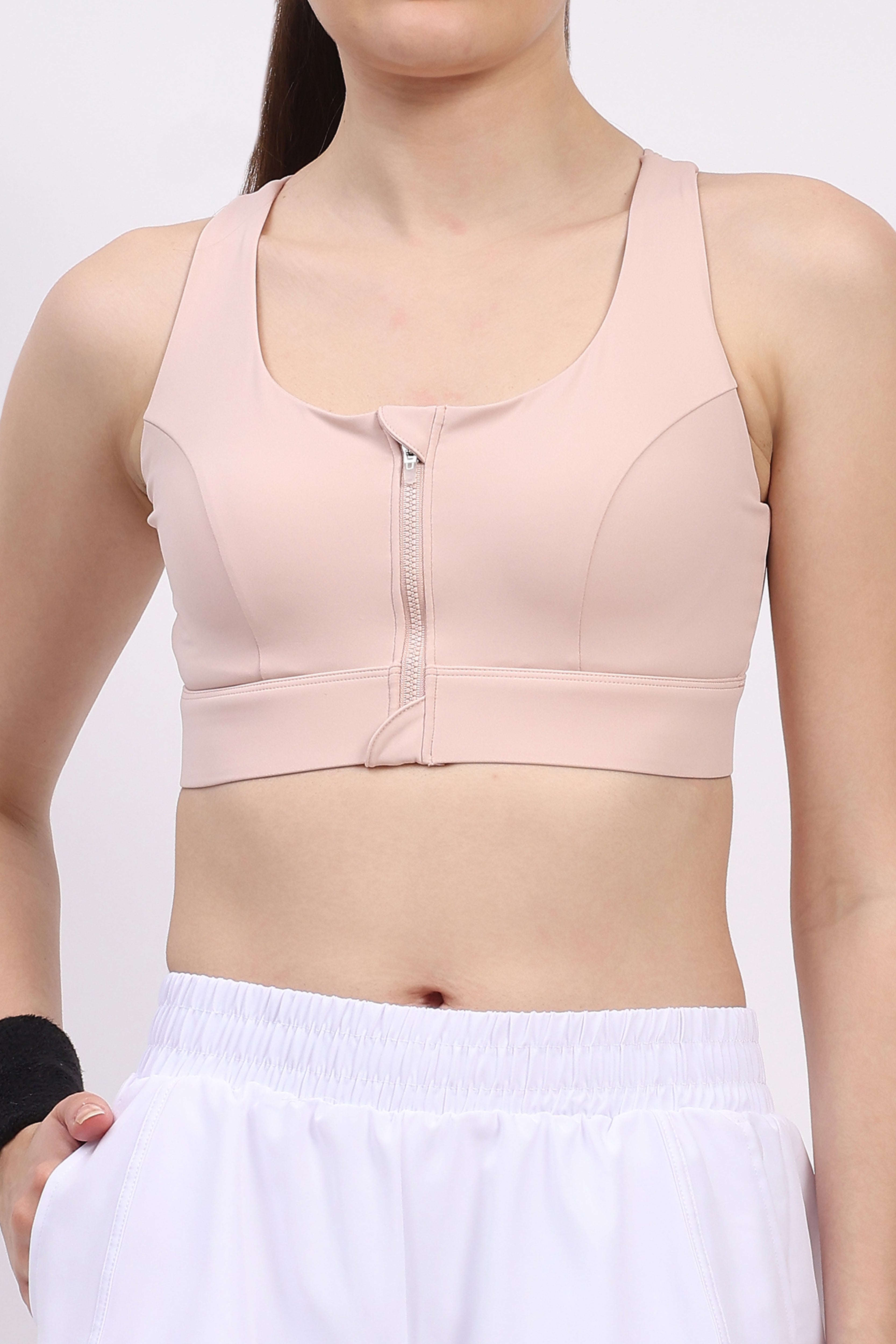 Pink Front Zip Racerback Sports Bra