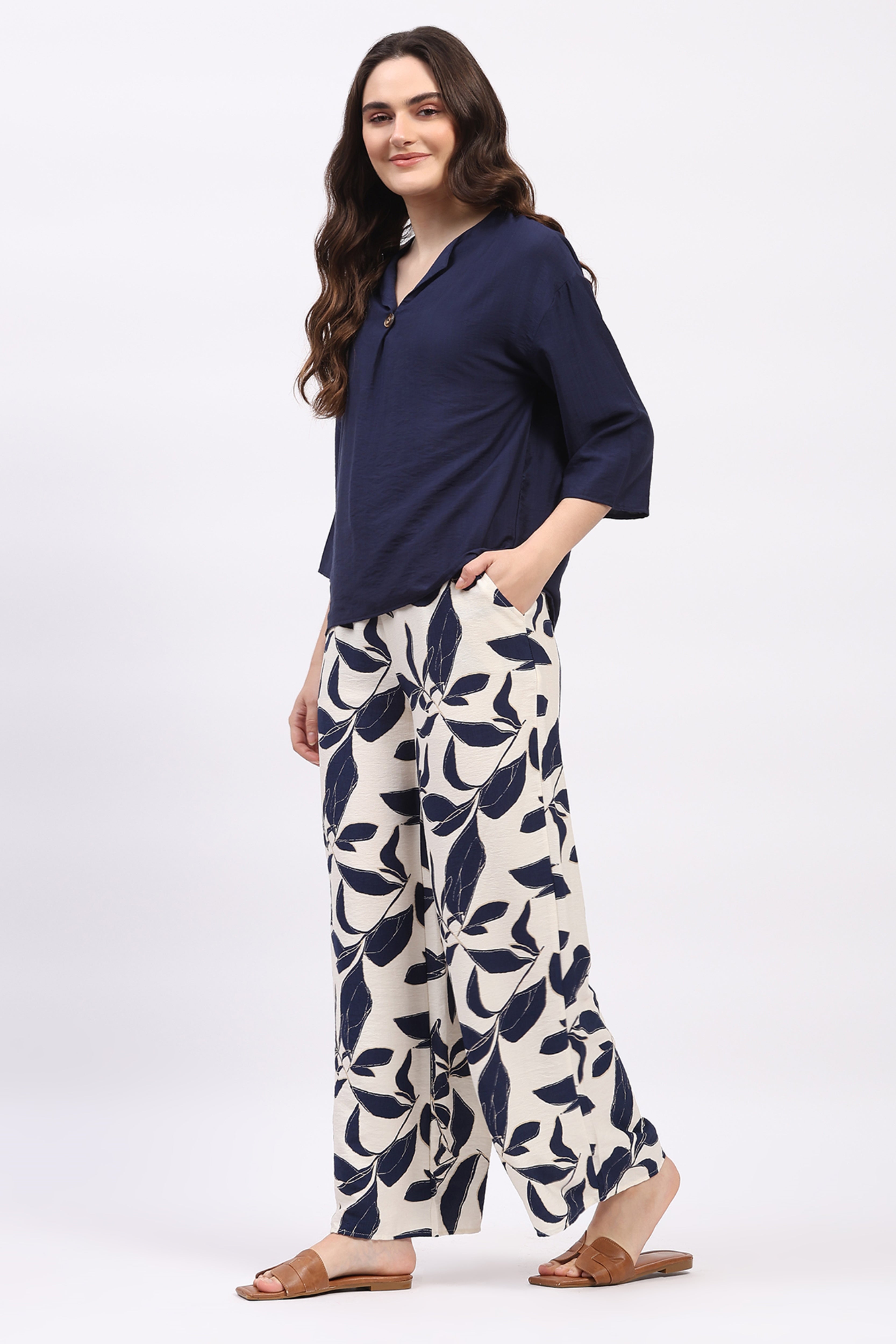 Navy Solid Top & Floral Print Lower Set