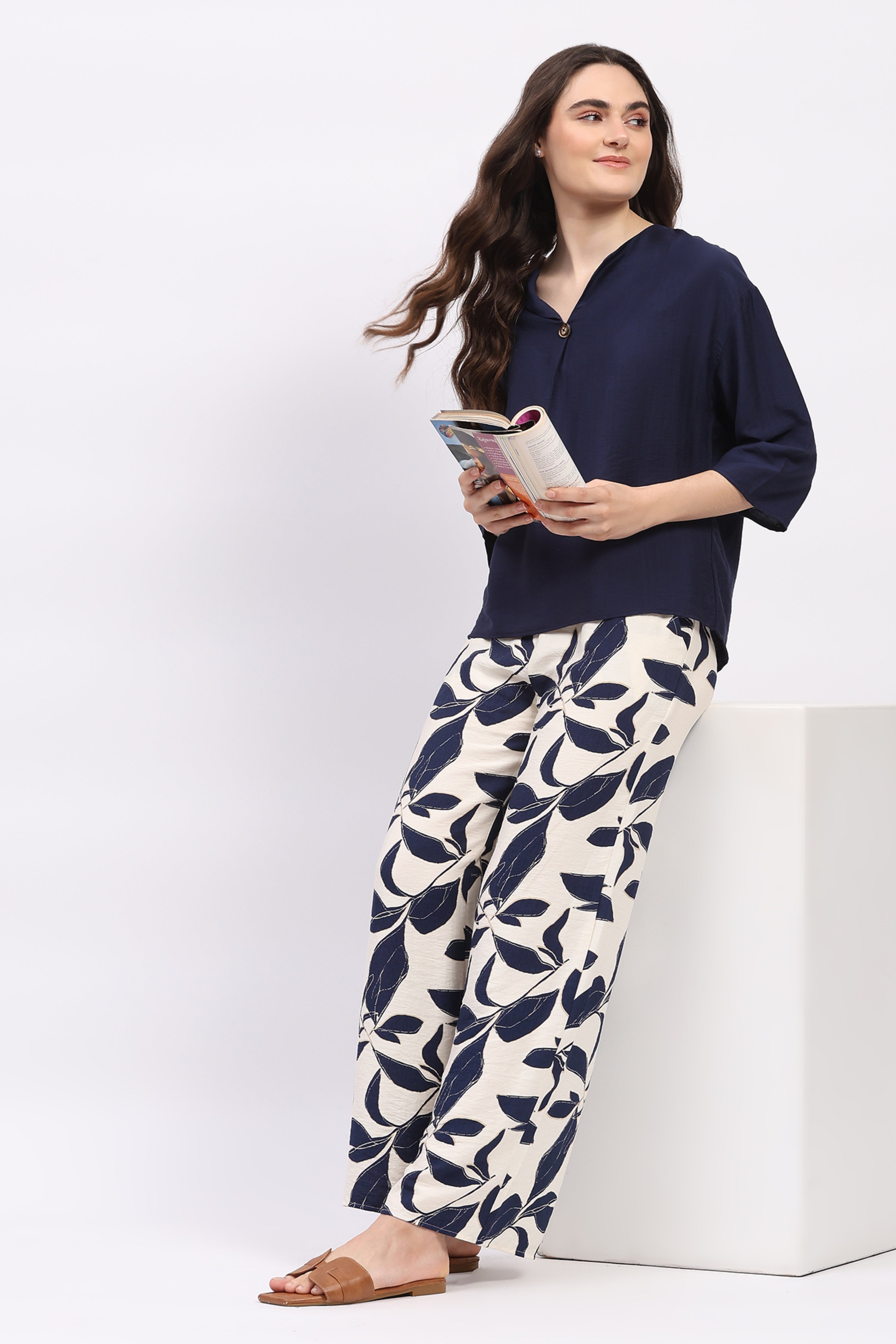 Navy Solid Top & Floral Print Lower Set