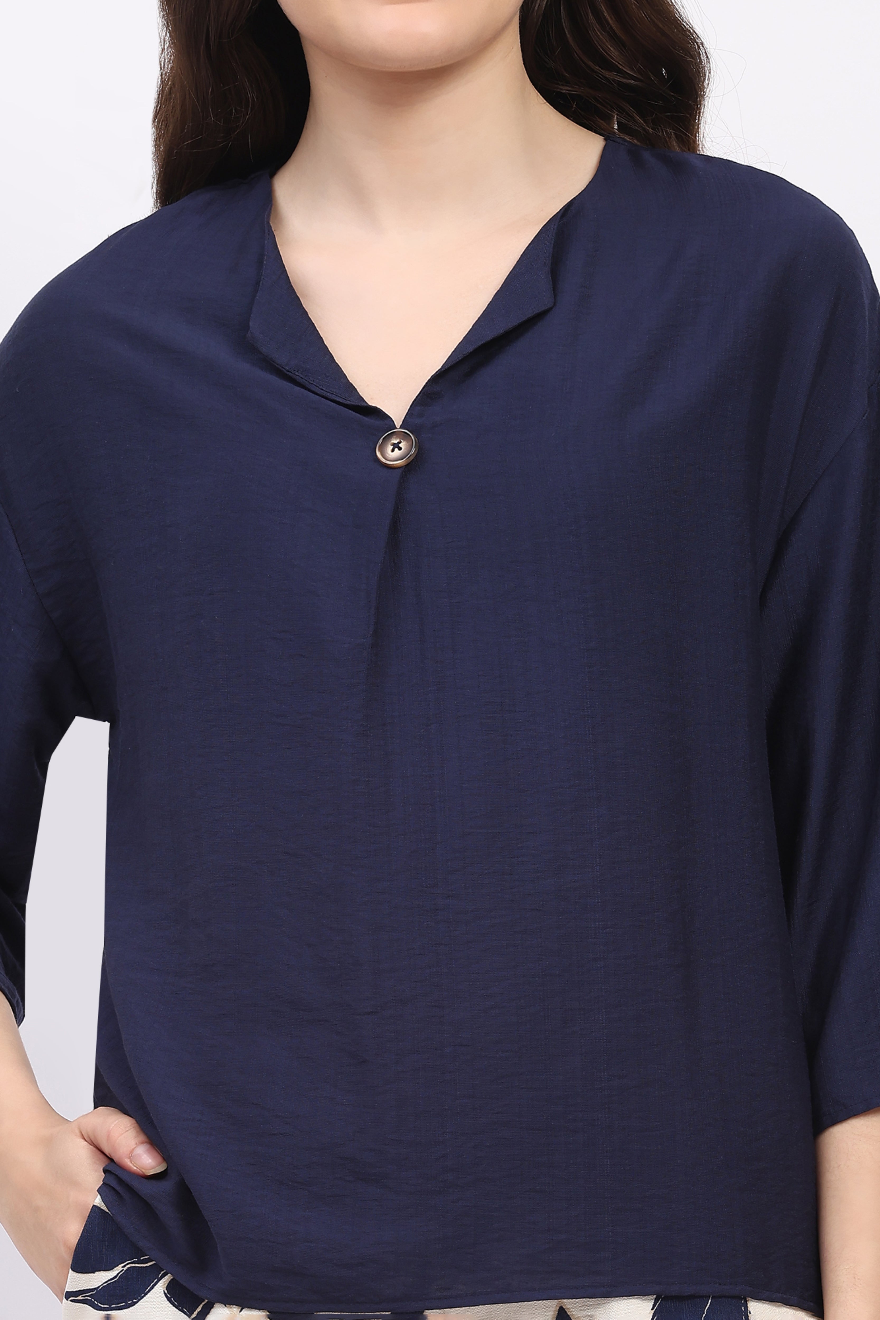 Navy Solid Top & Floral Print Lower Set