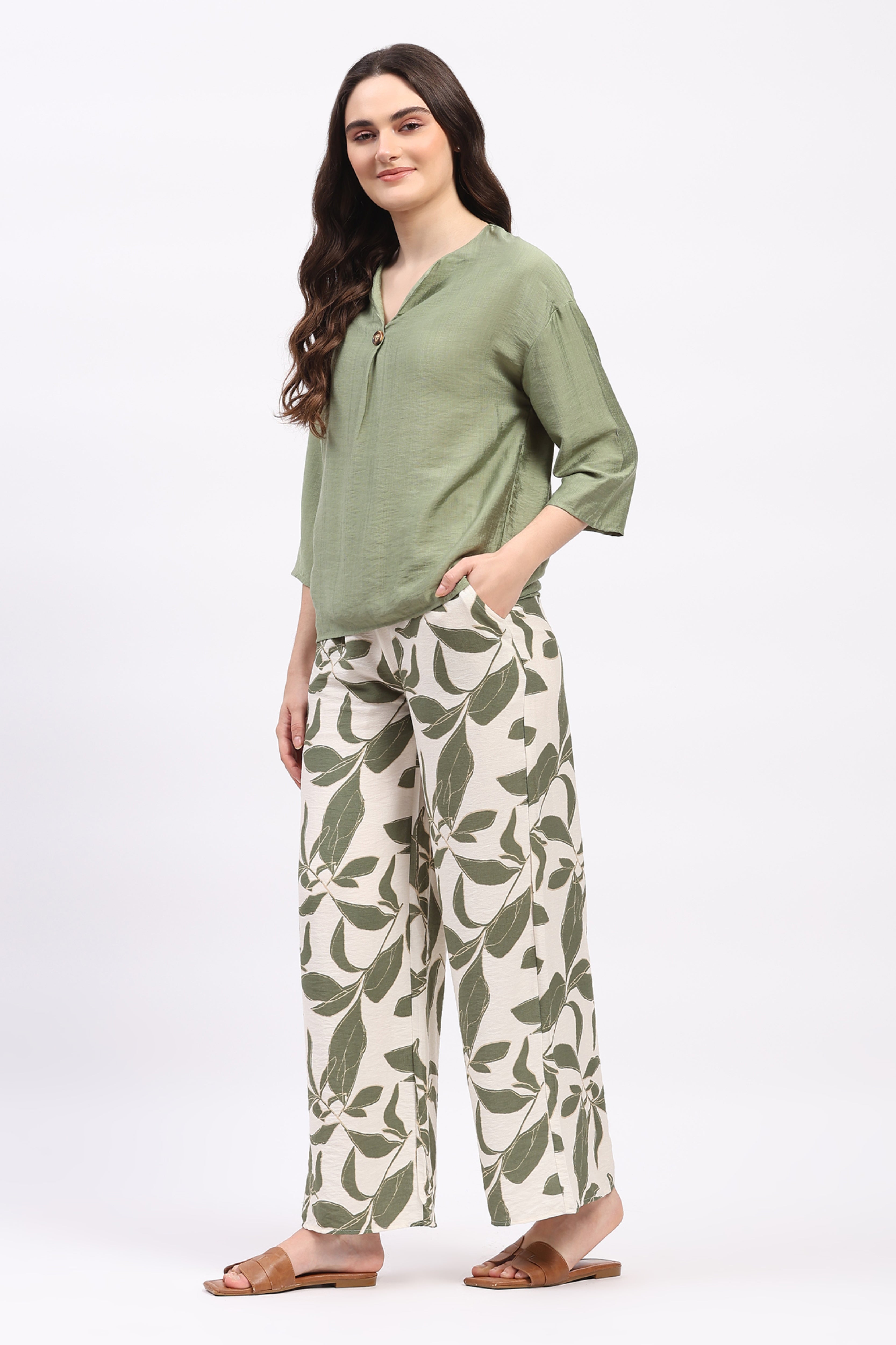 Green Solid Top & Floral Print Lower Set