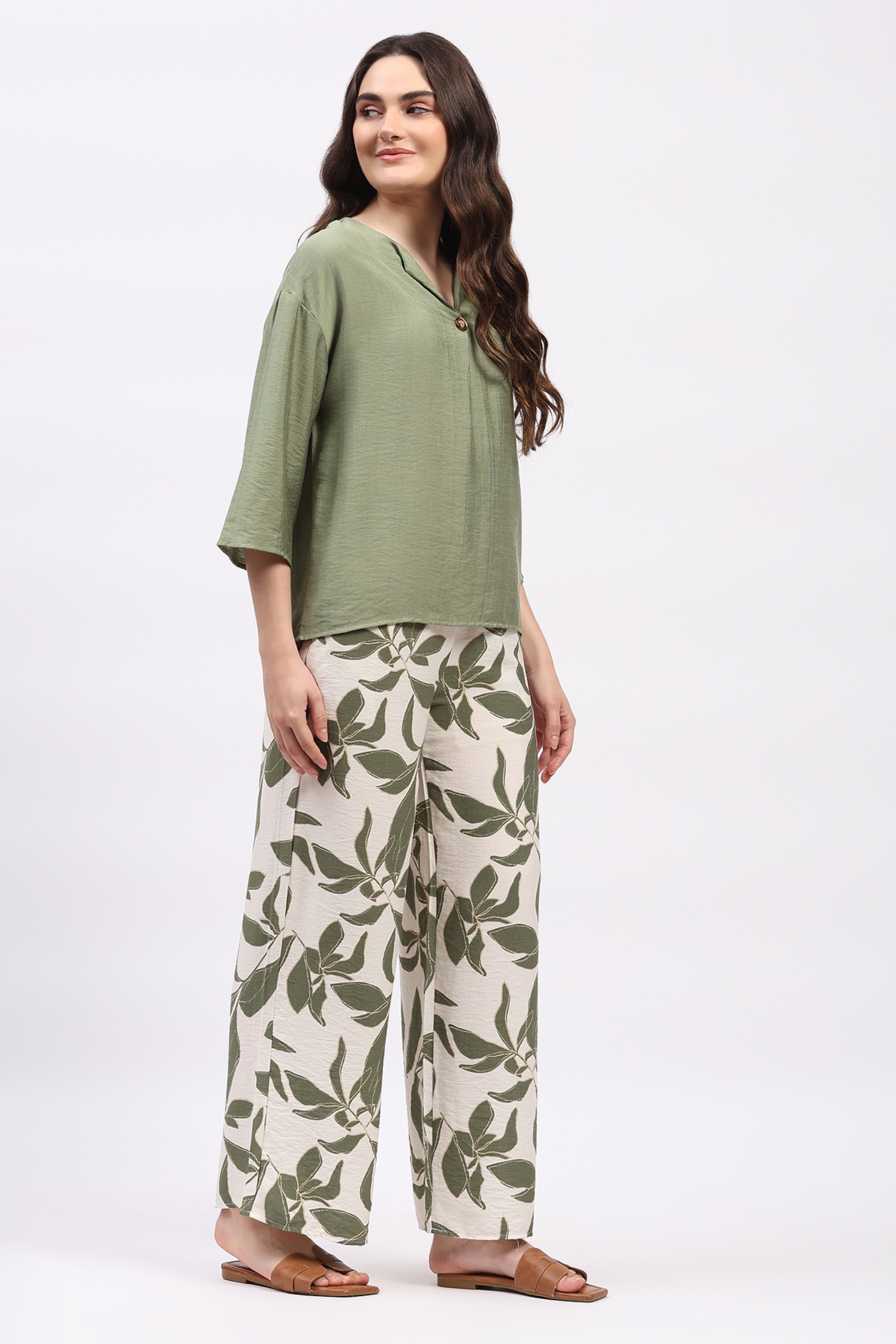 Green Solid Top & Floral Print Lower Set