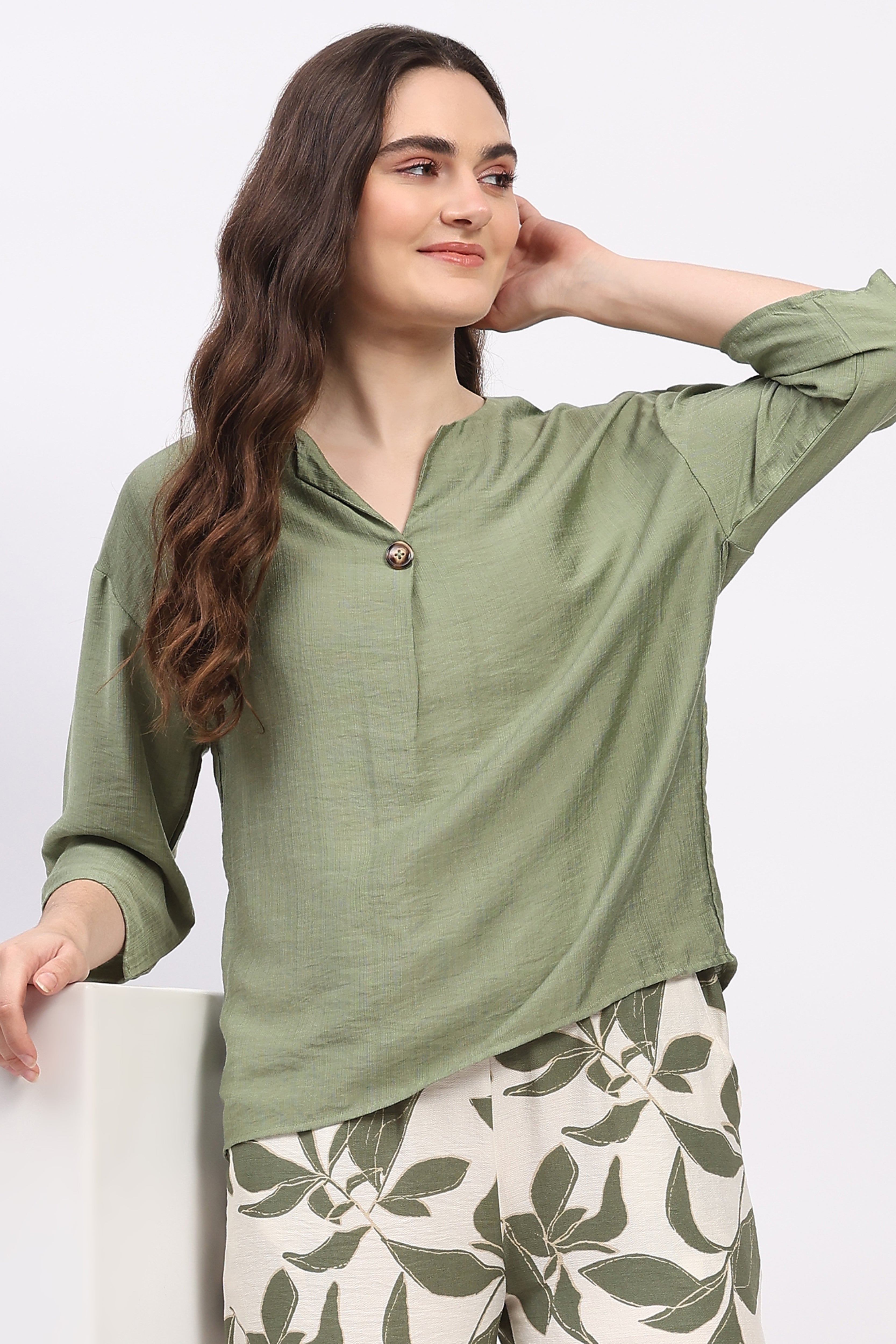 Green Solid Top & Floral Print Lower Set