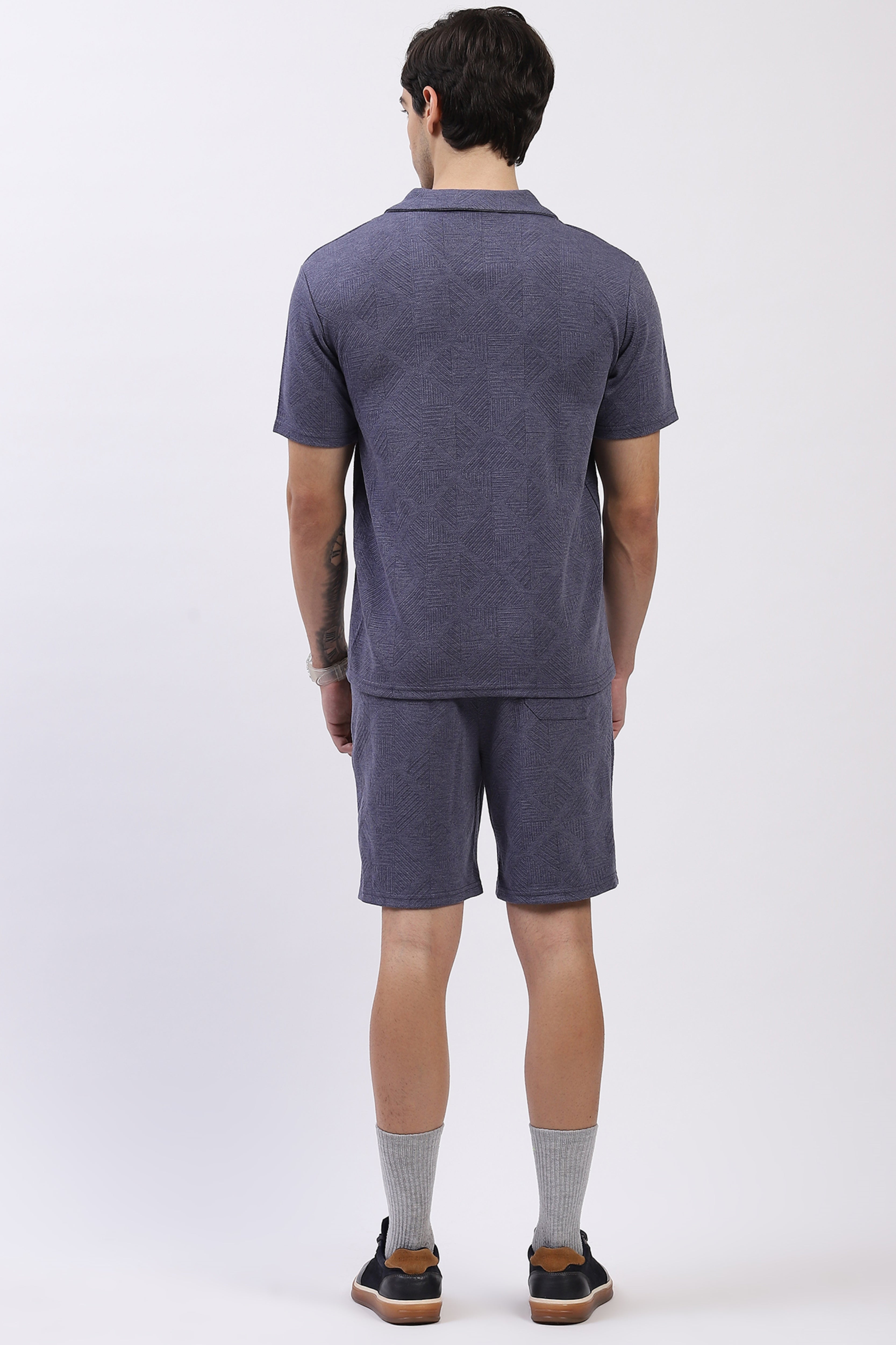 Blue Self-Design Shirt & Shorts Set