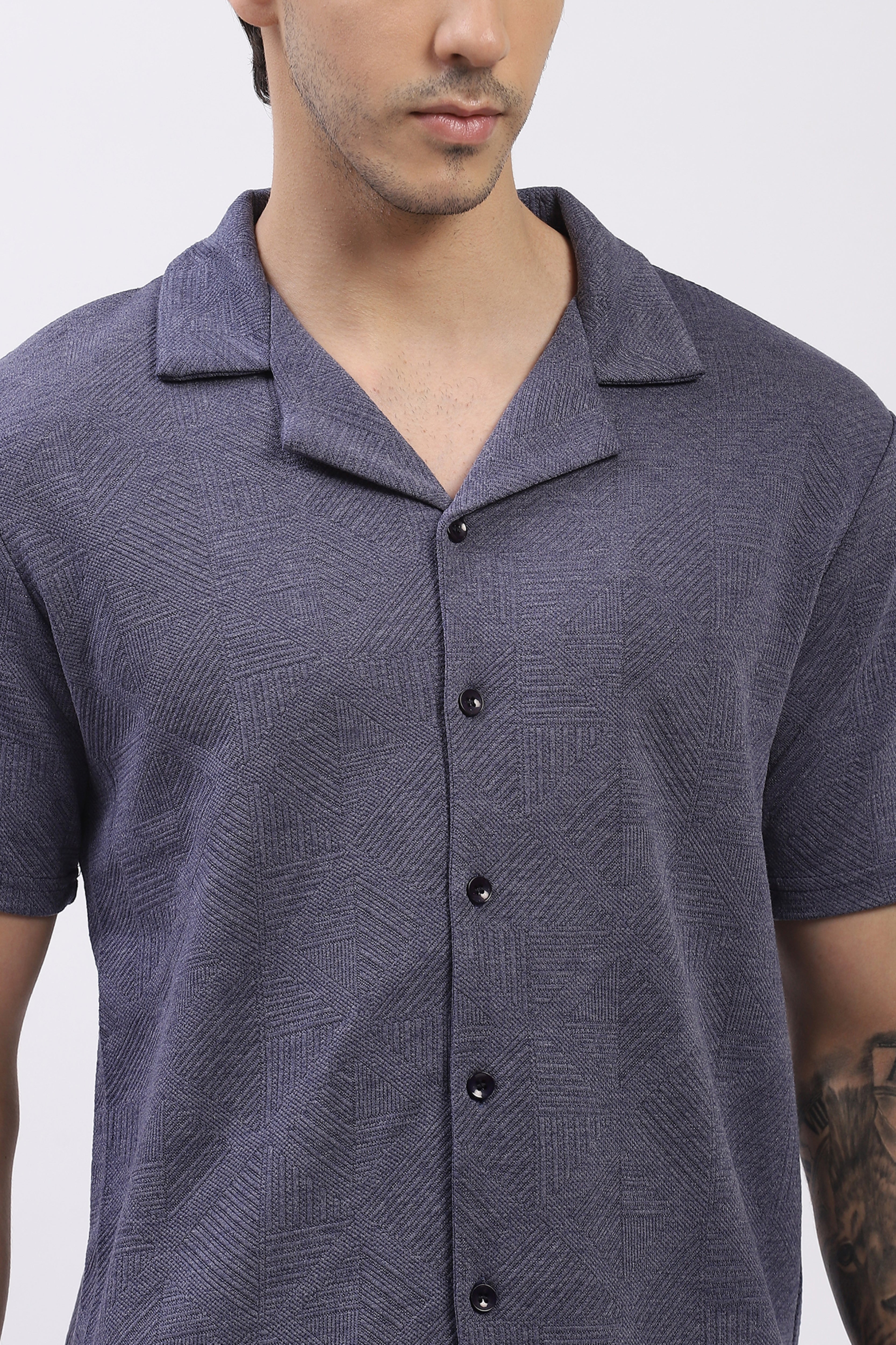 Blue Self-Design Shirt & Shorts Set