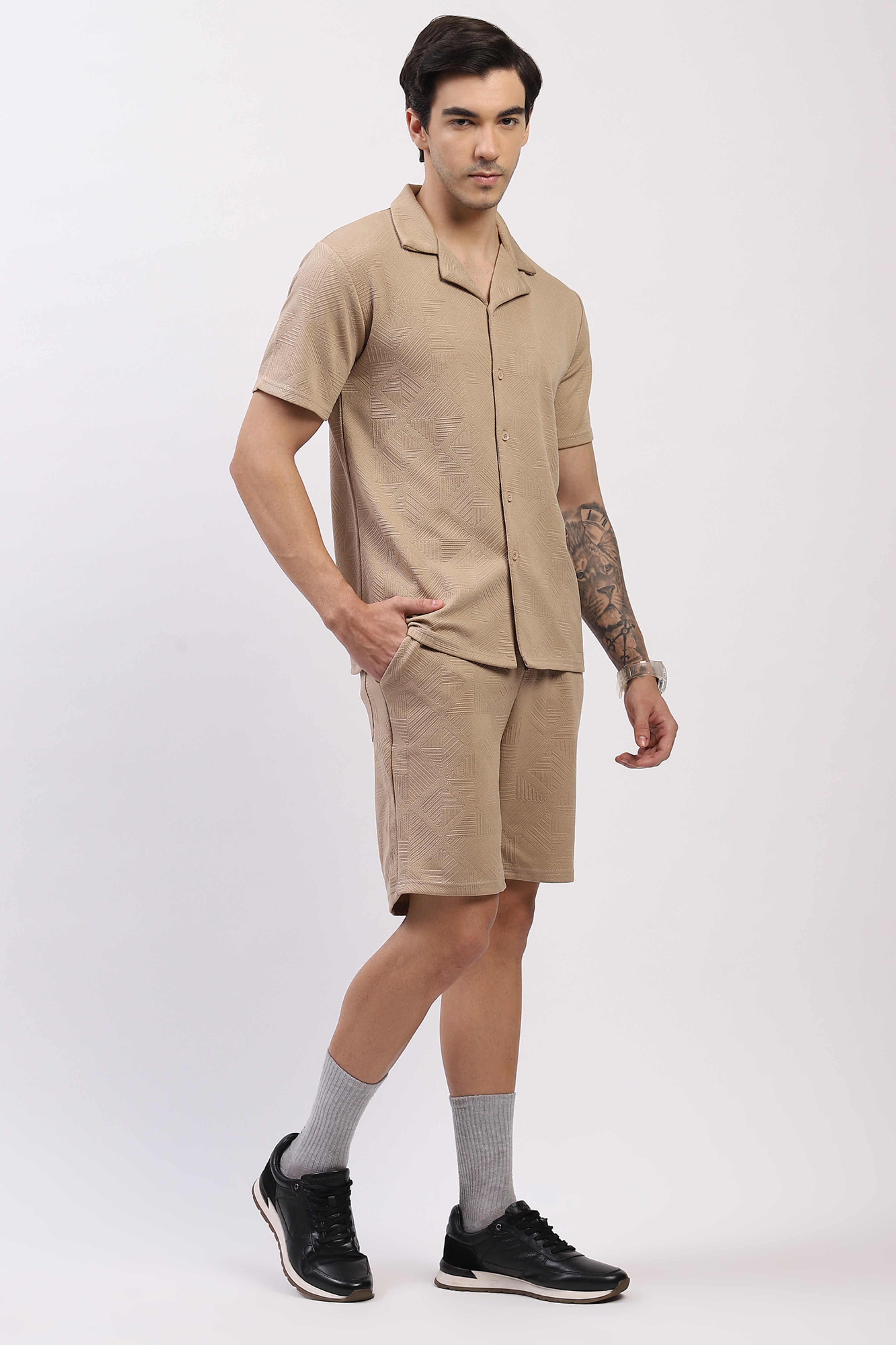 Beige Self-Design Shirt & Shorts Set