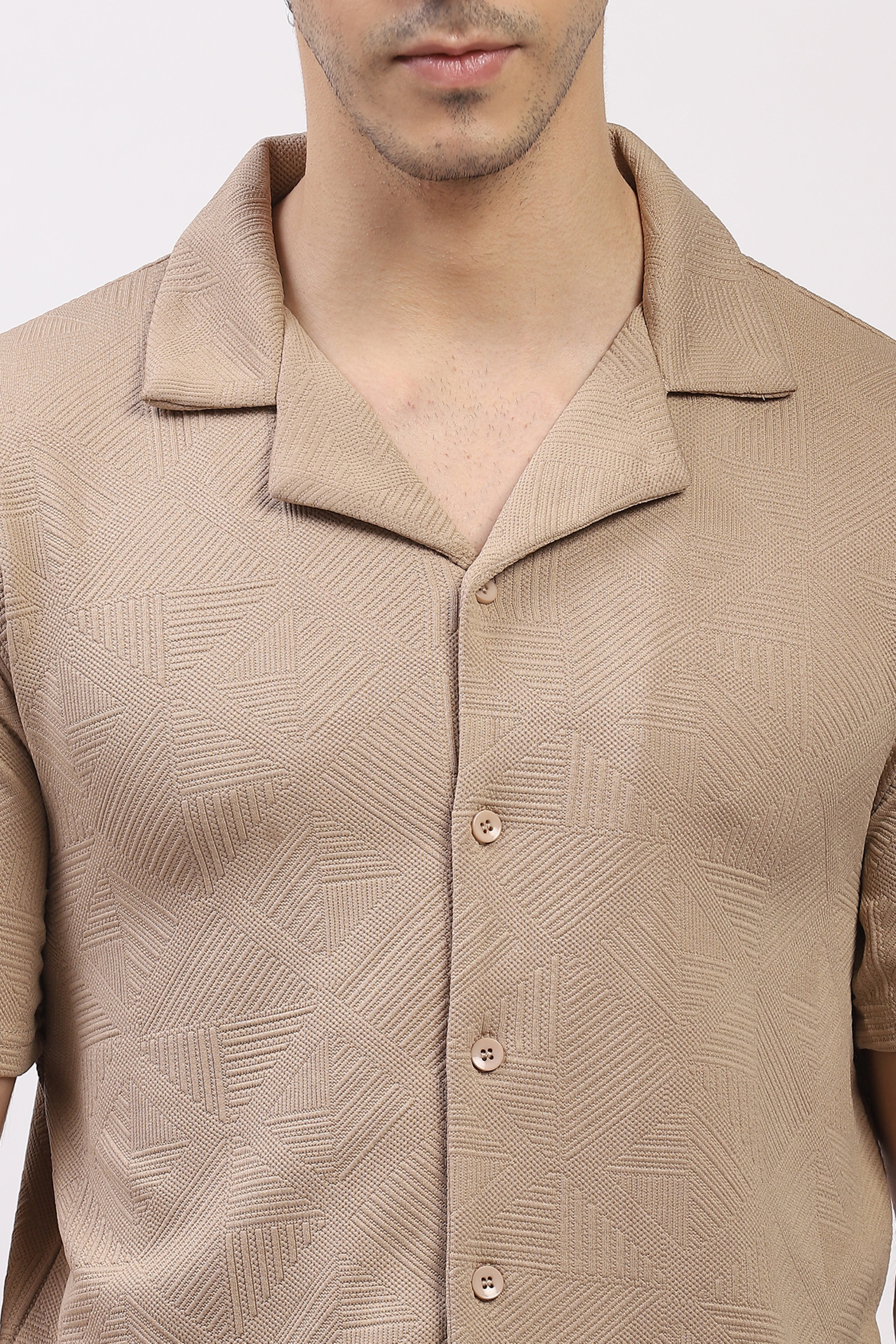 Beige Self-Design Shirt & Shorts Set
