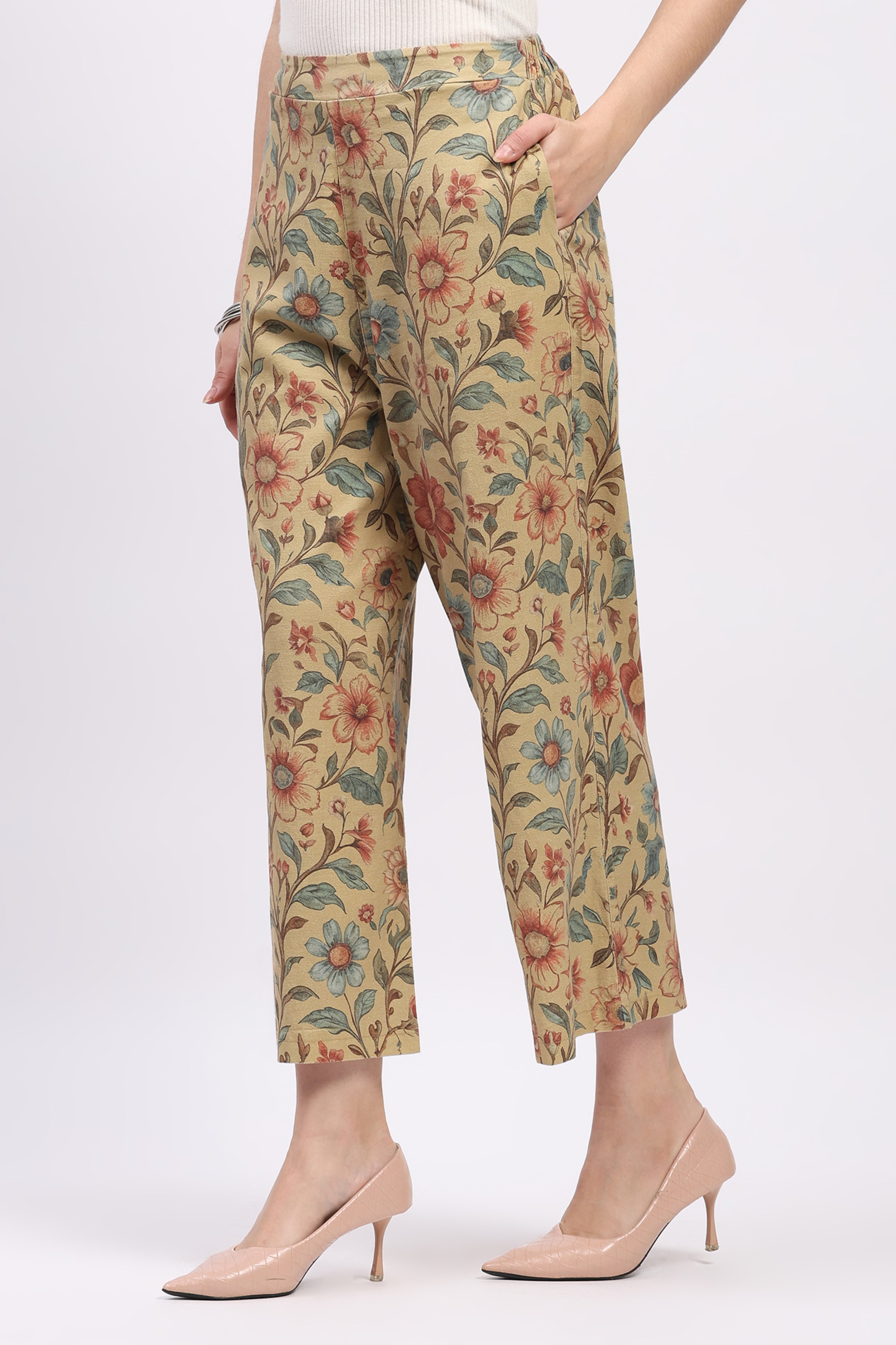 Beige Floral Print Cotton Lower