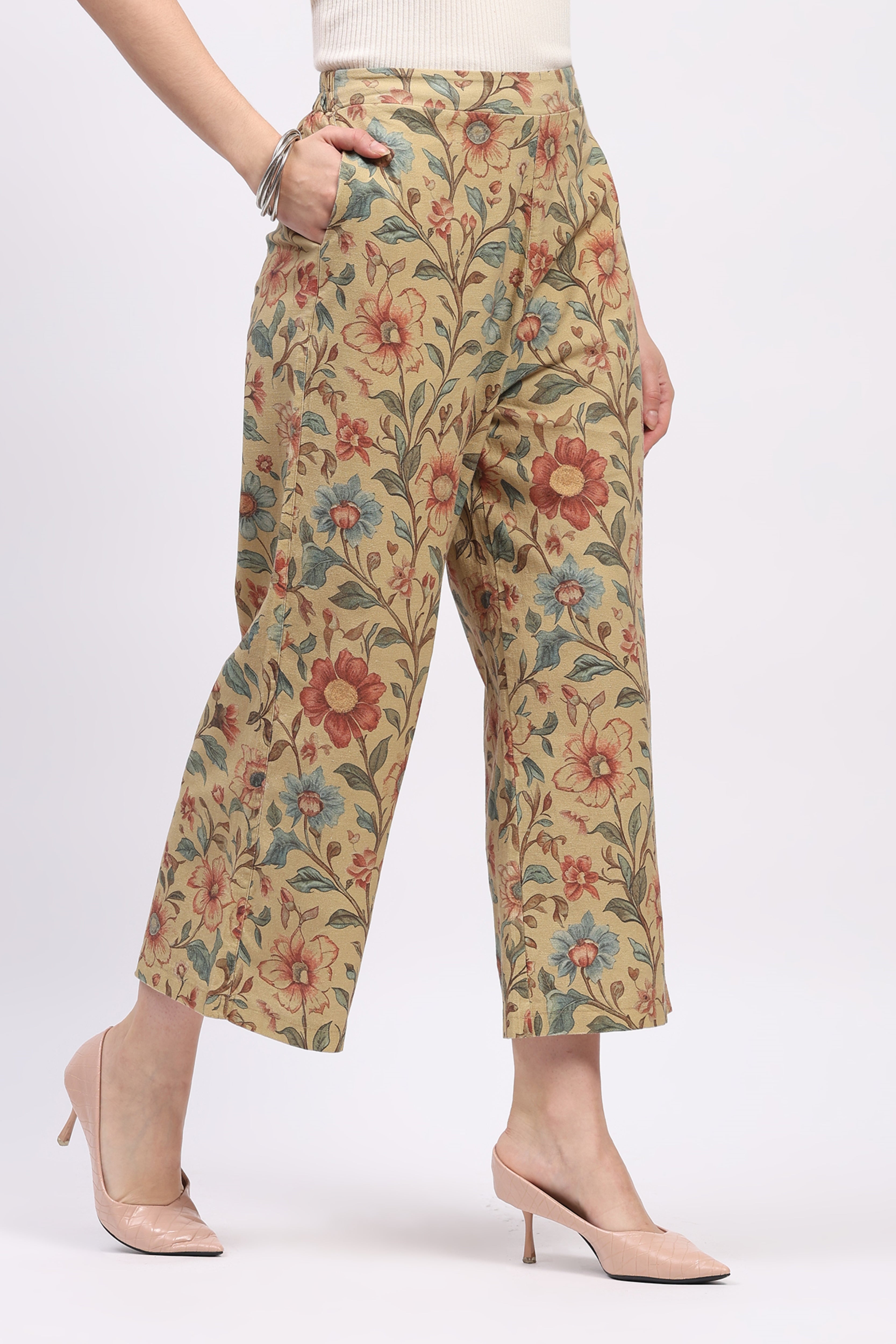 Beige Floral Print Cotton Lower