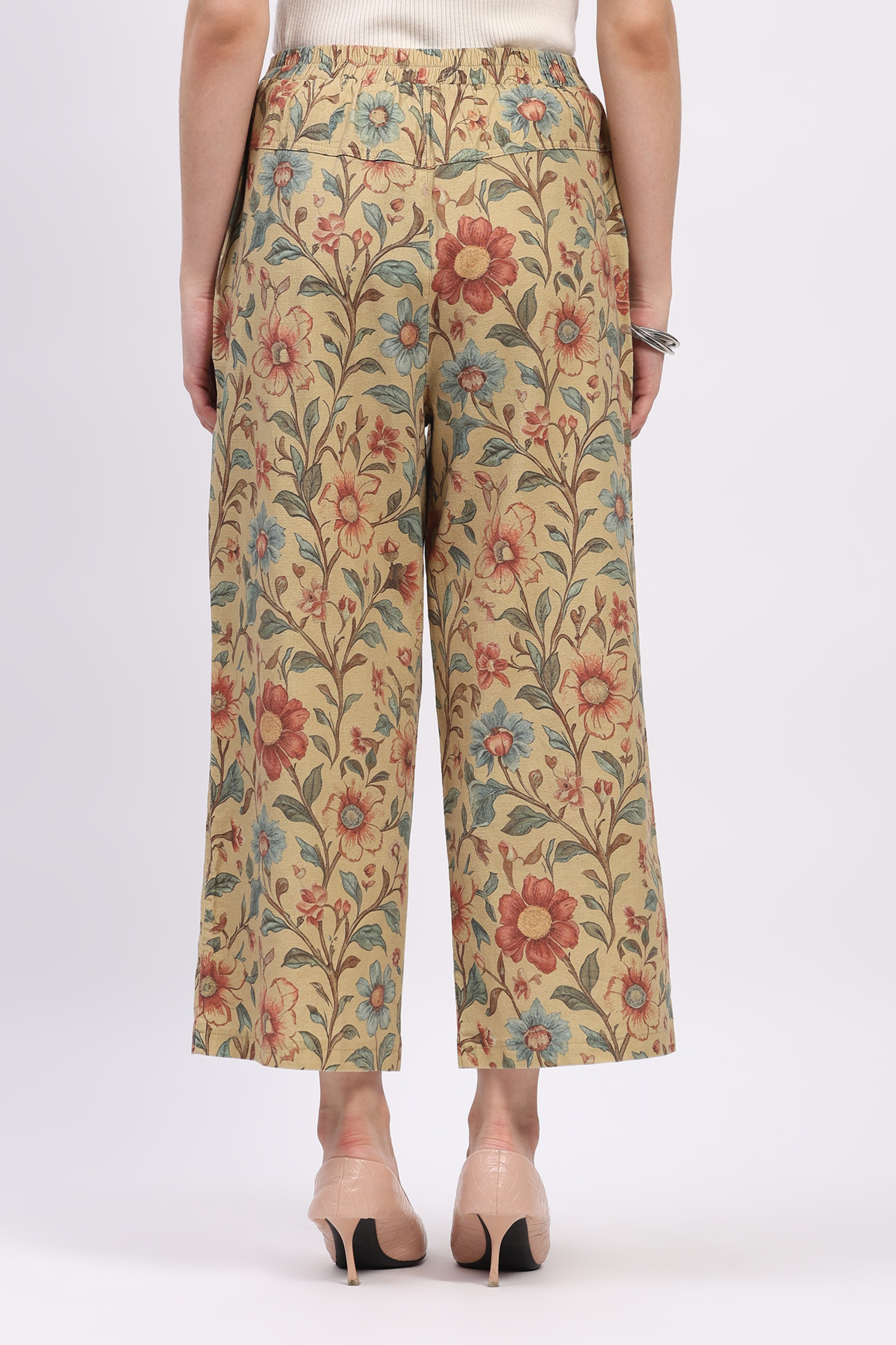 Beige Floral Print Cotton Lower