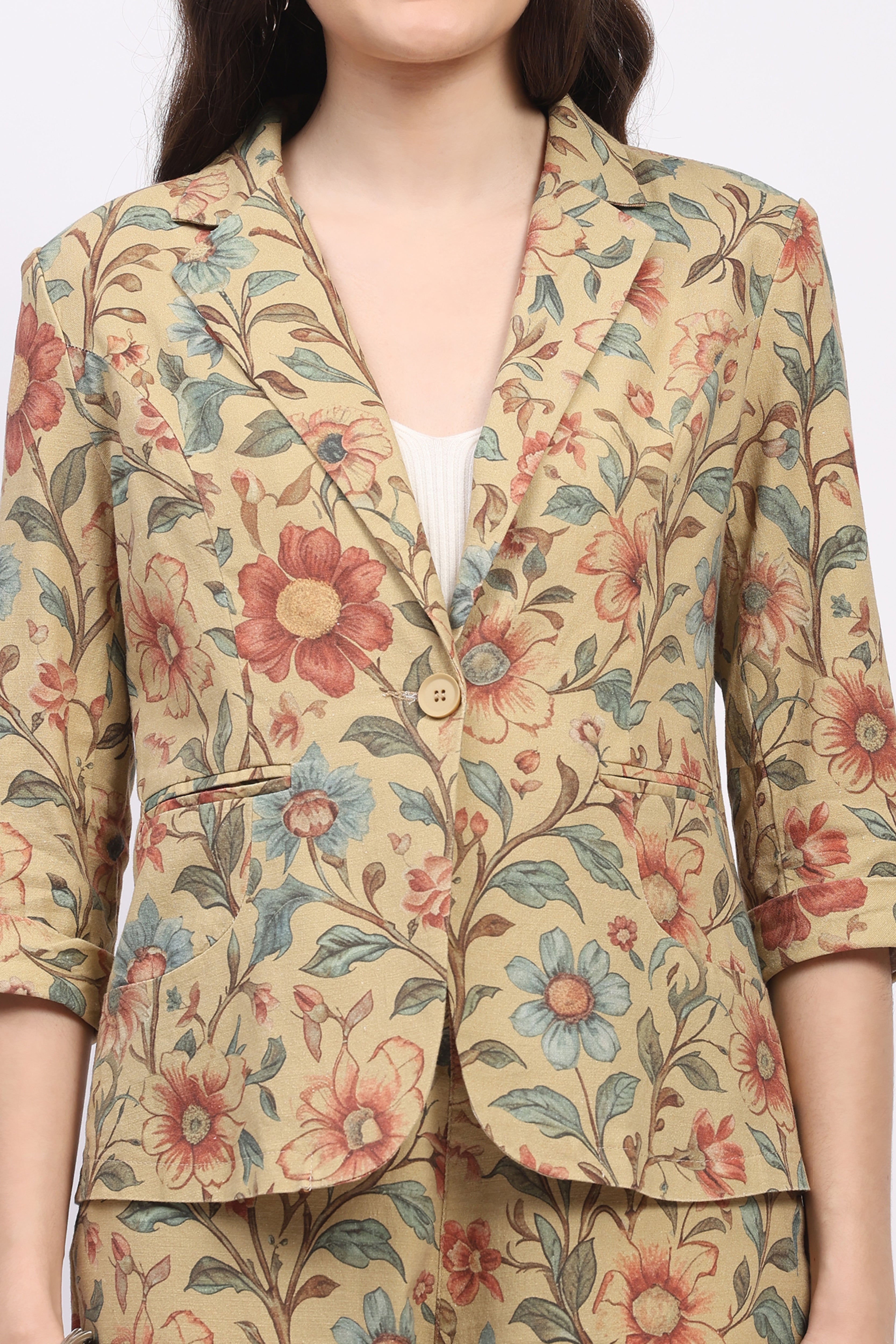 Beige Floral Print Cotton Co-ord Set