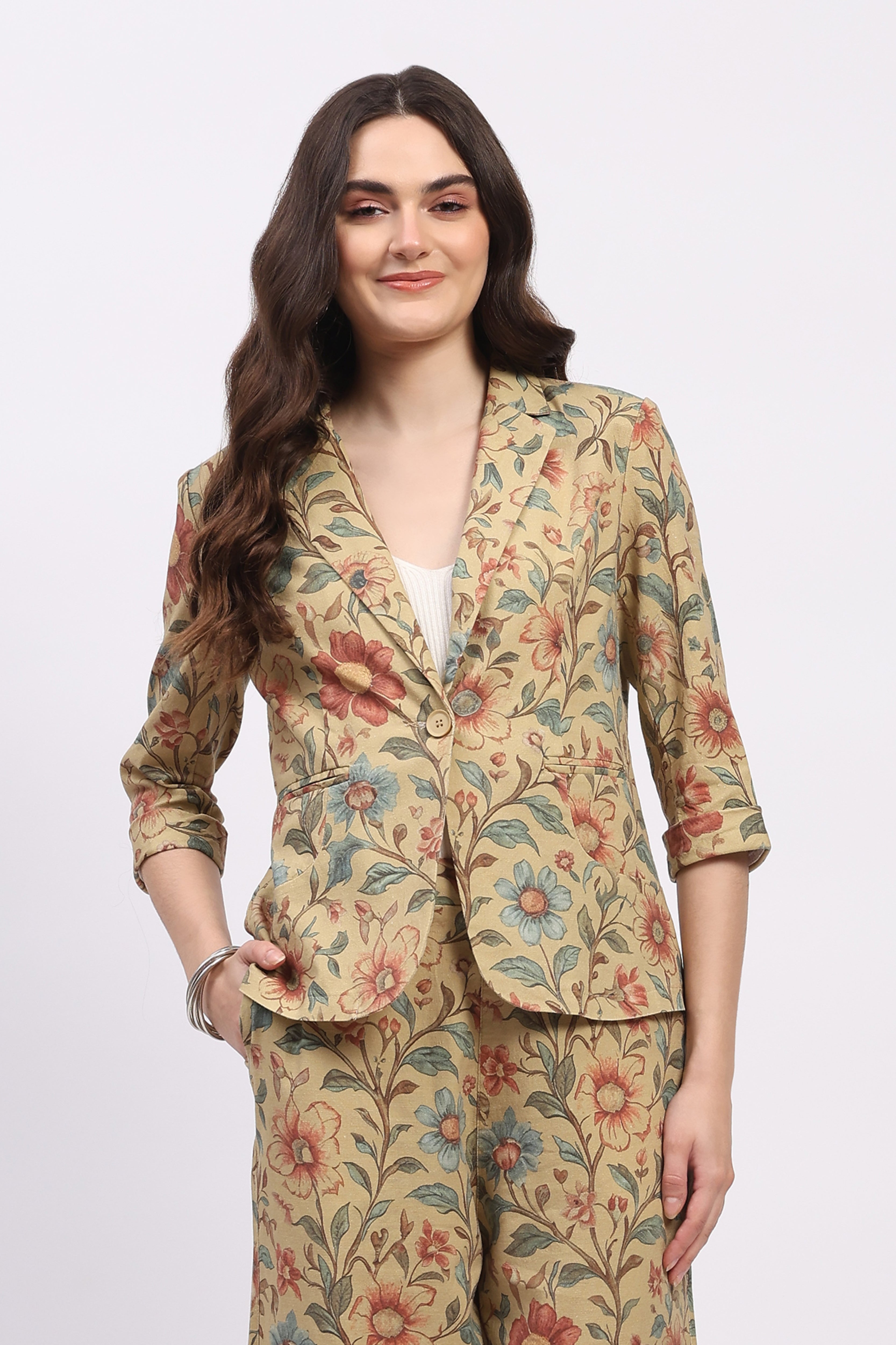 Beige Floral Print Cotton Coat