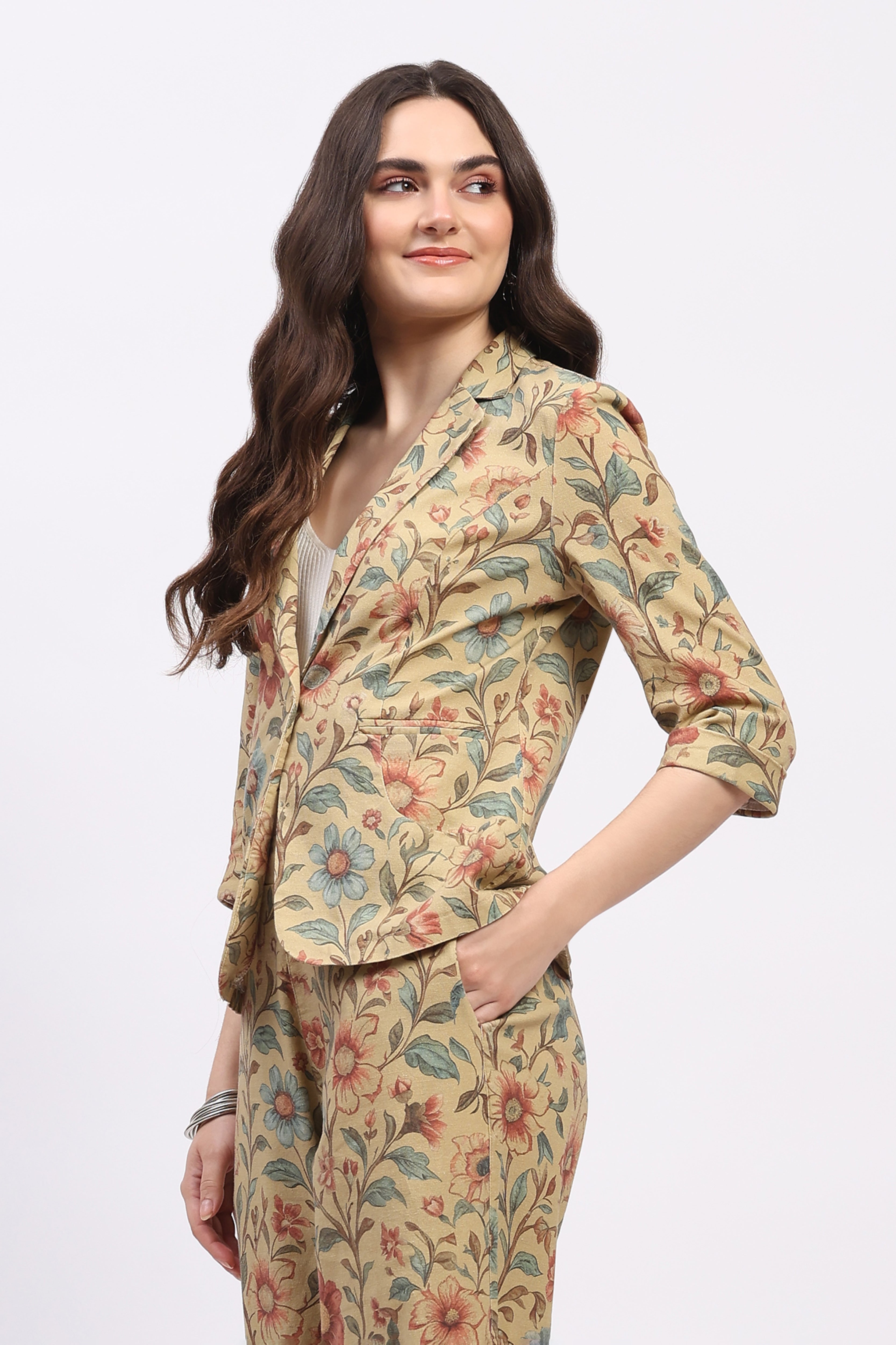 Beige Floral Print Cotton Coat