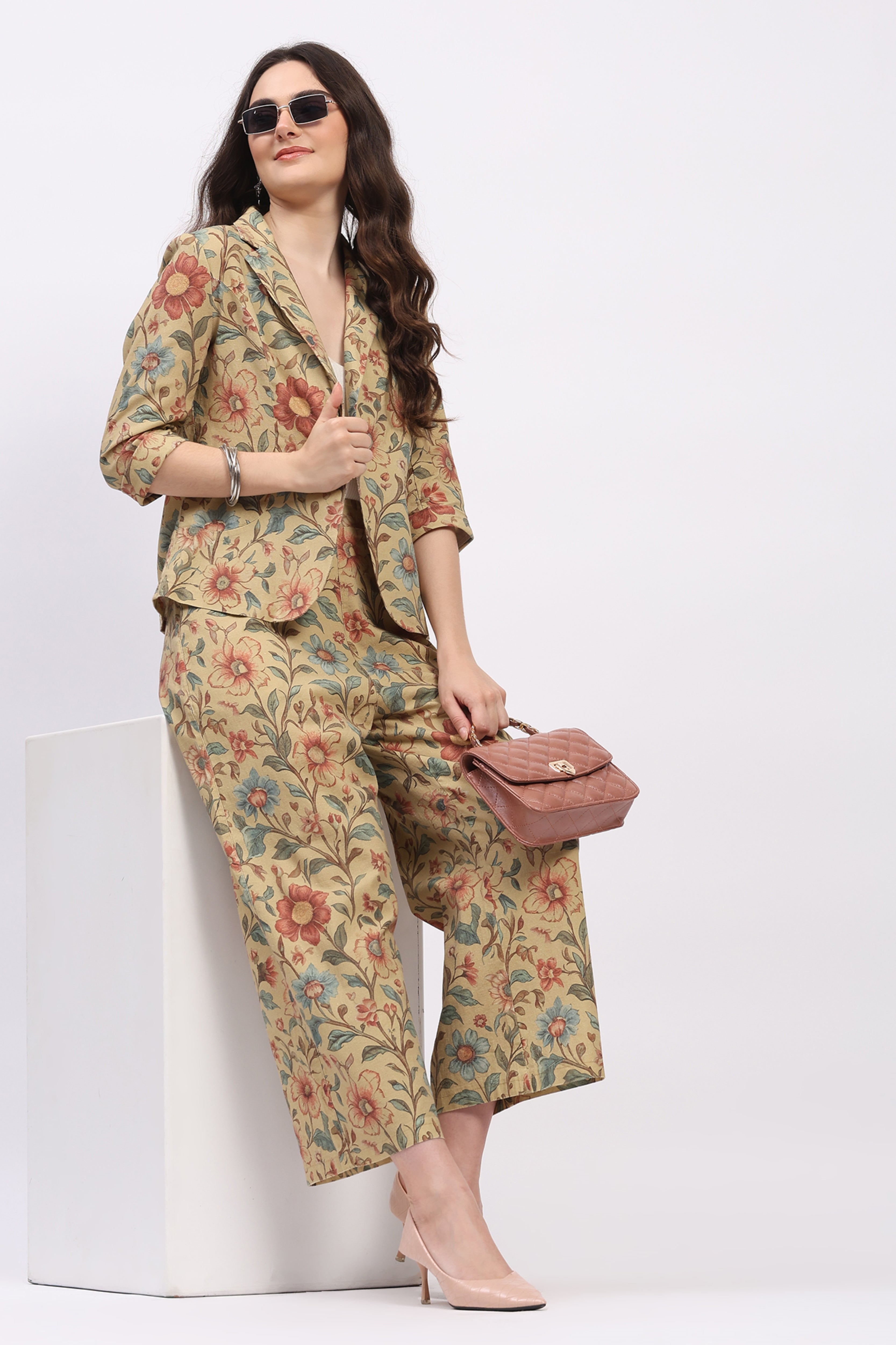 Beige Floral Print Cotton Co-ord Set