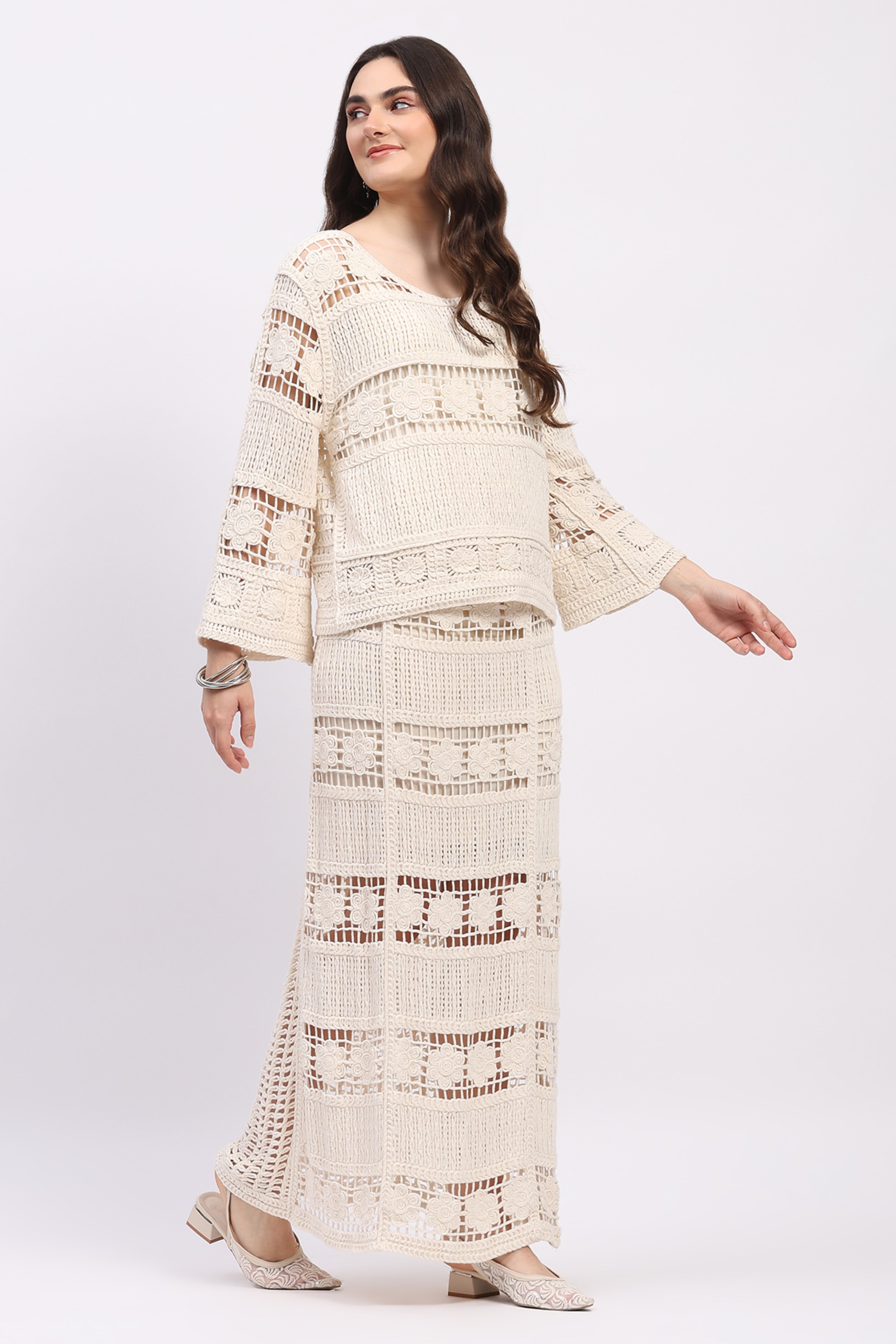 Off-White Crochet Top & Maxi Skirt Set
