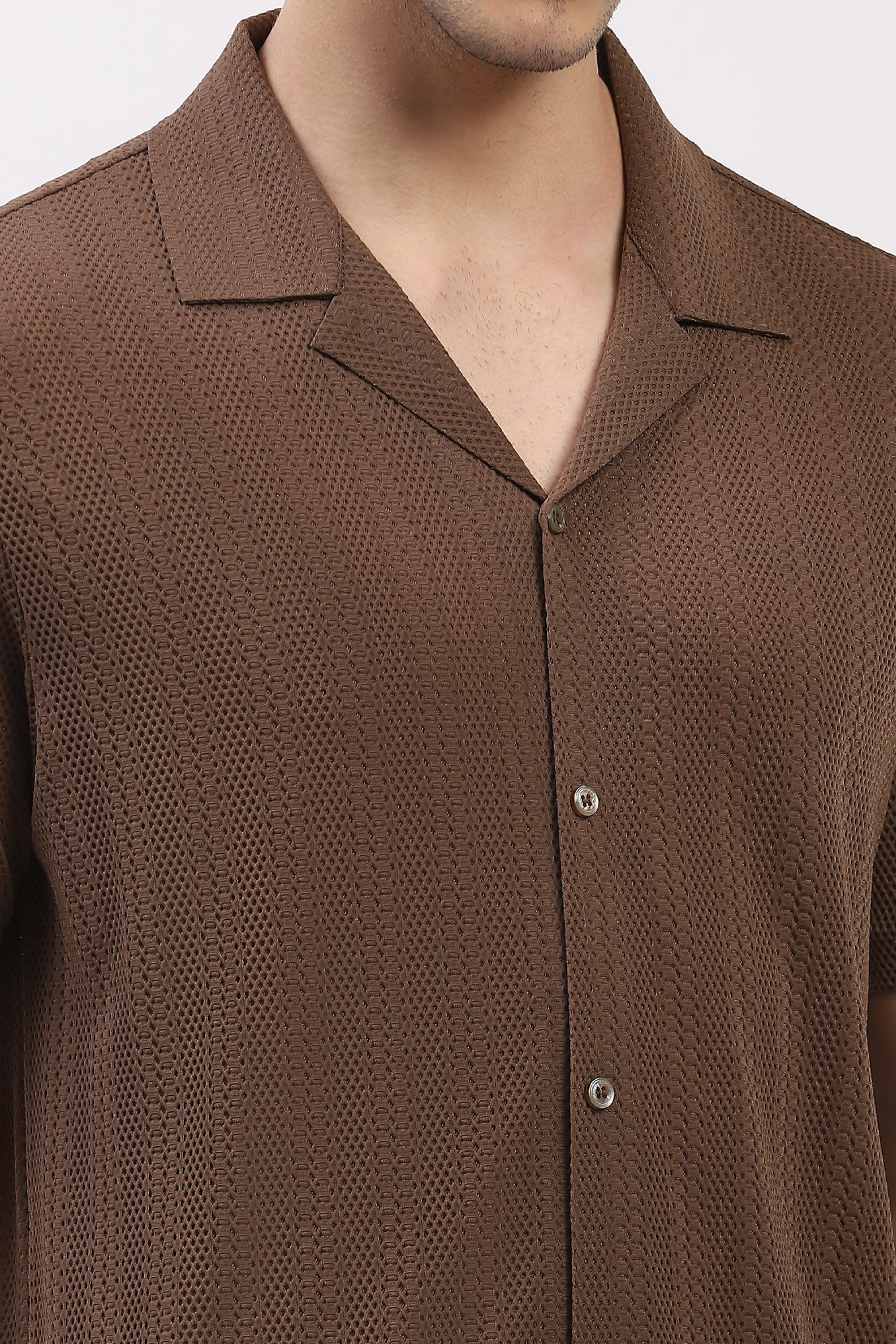 Brown Textured Cuban Collar Shirt