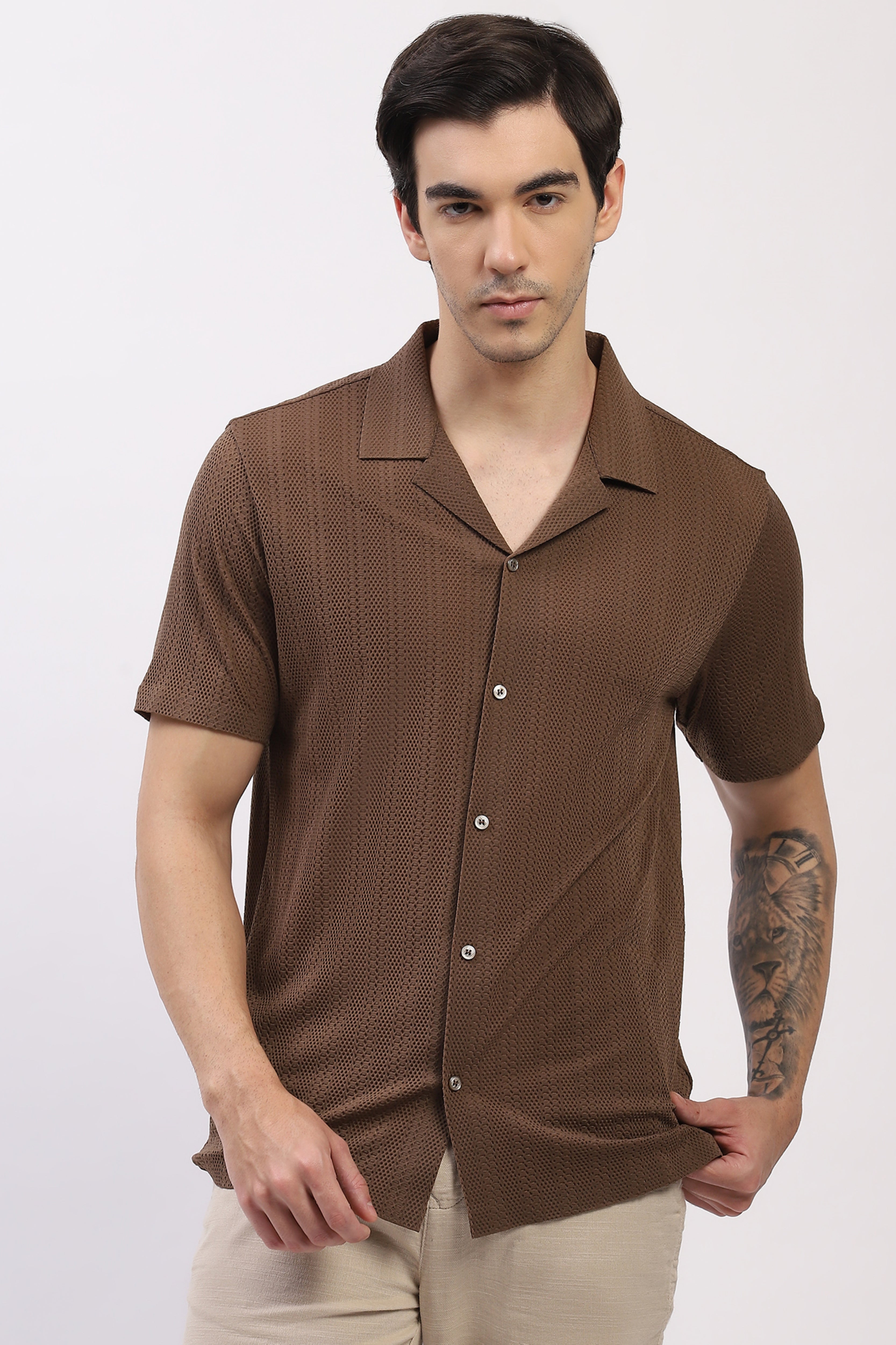 Brown Textured Cuban Collar Shirt