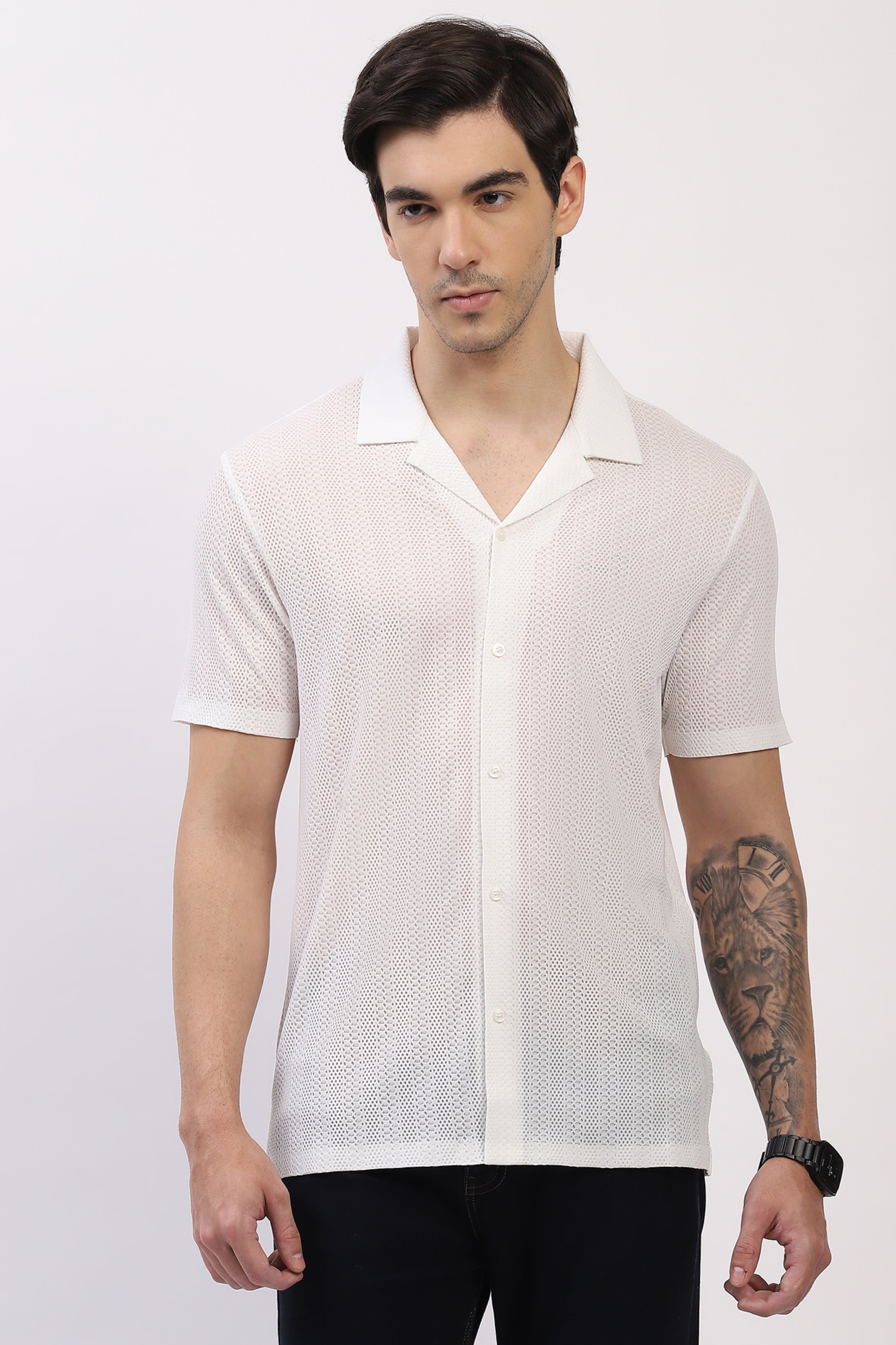 Off-White Textured Cuban Collar Shirt