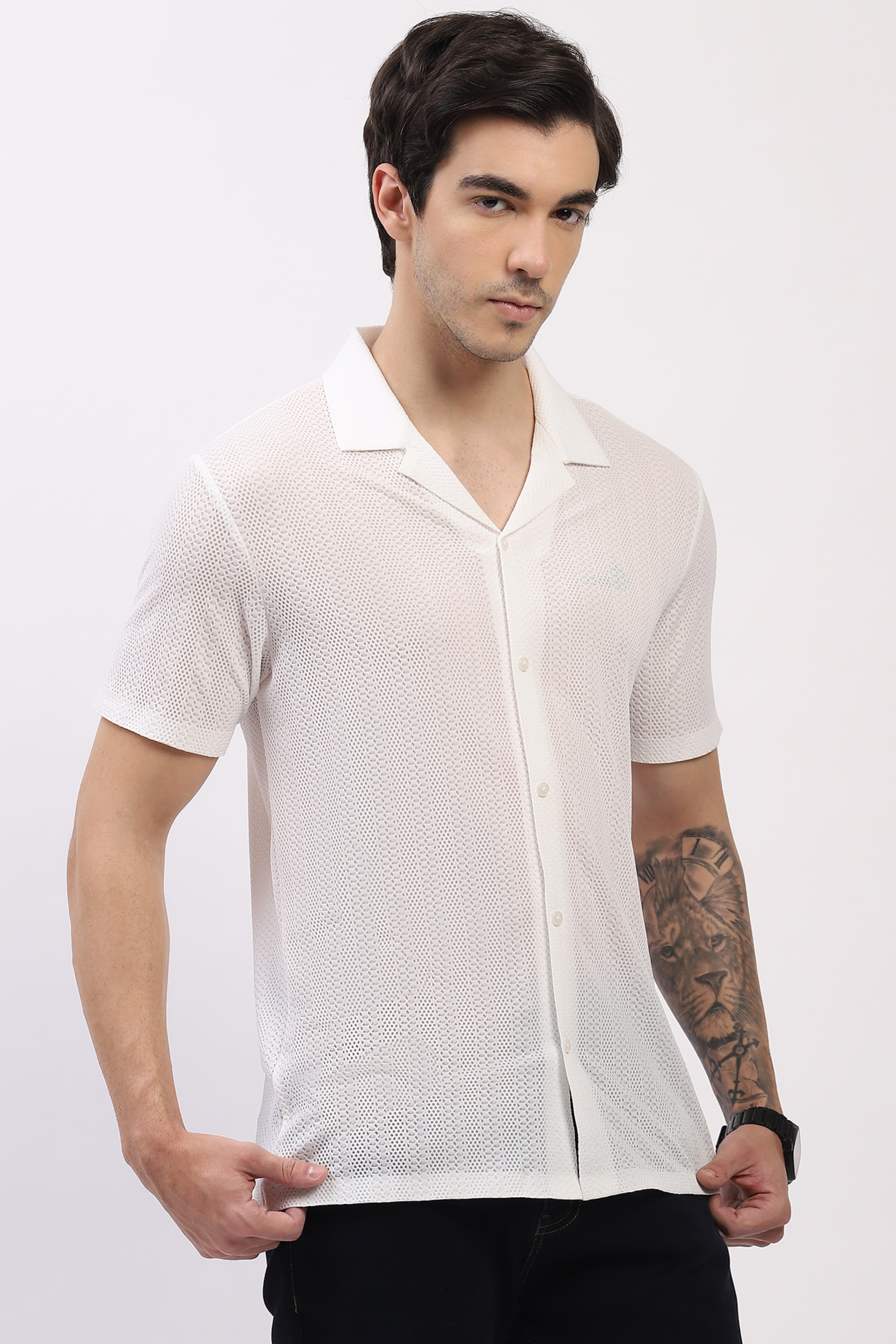 Off-White Textured Cuban Collar Shirt