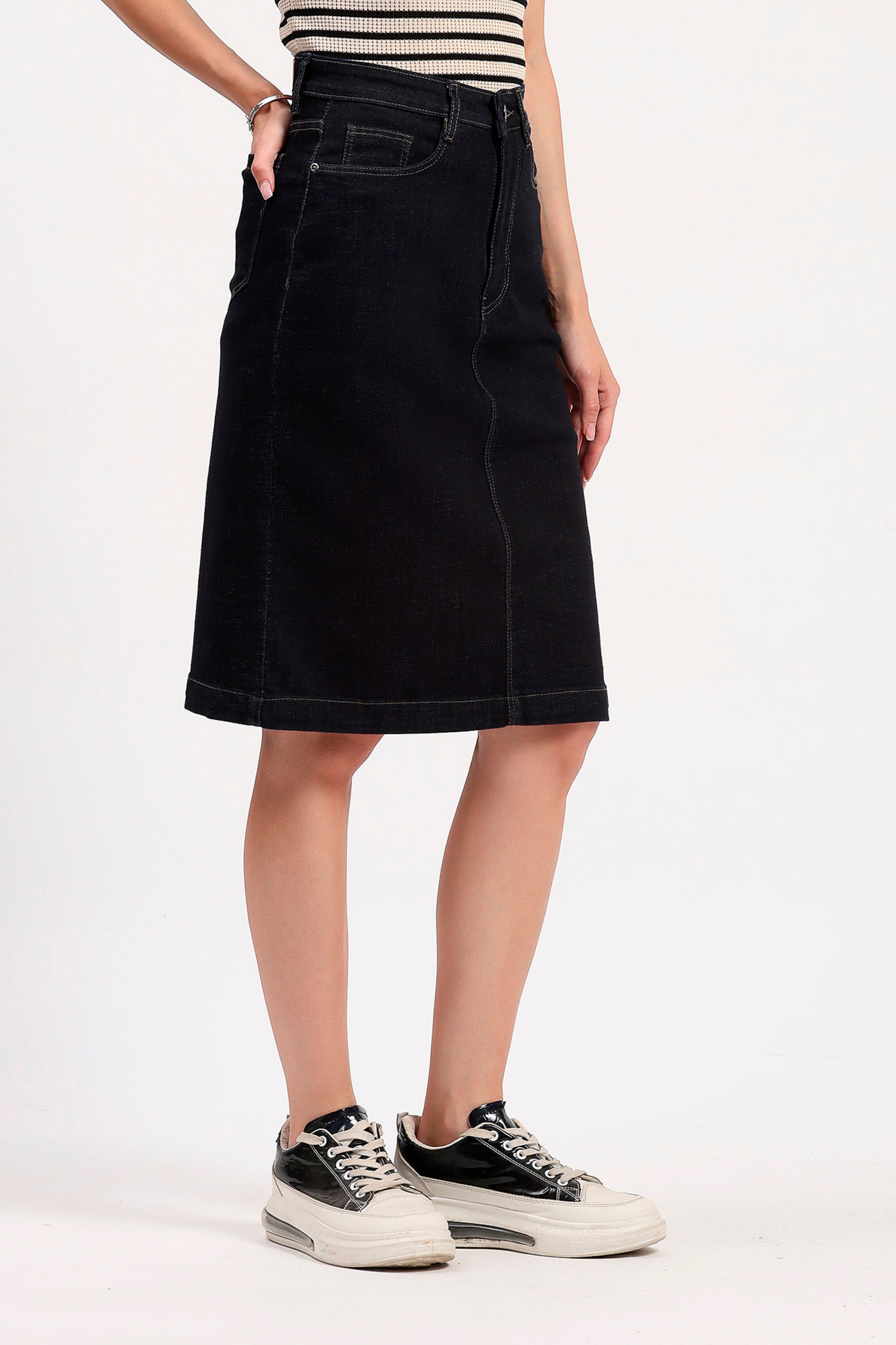 Navy Blue Midi Denim Skirt