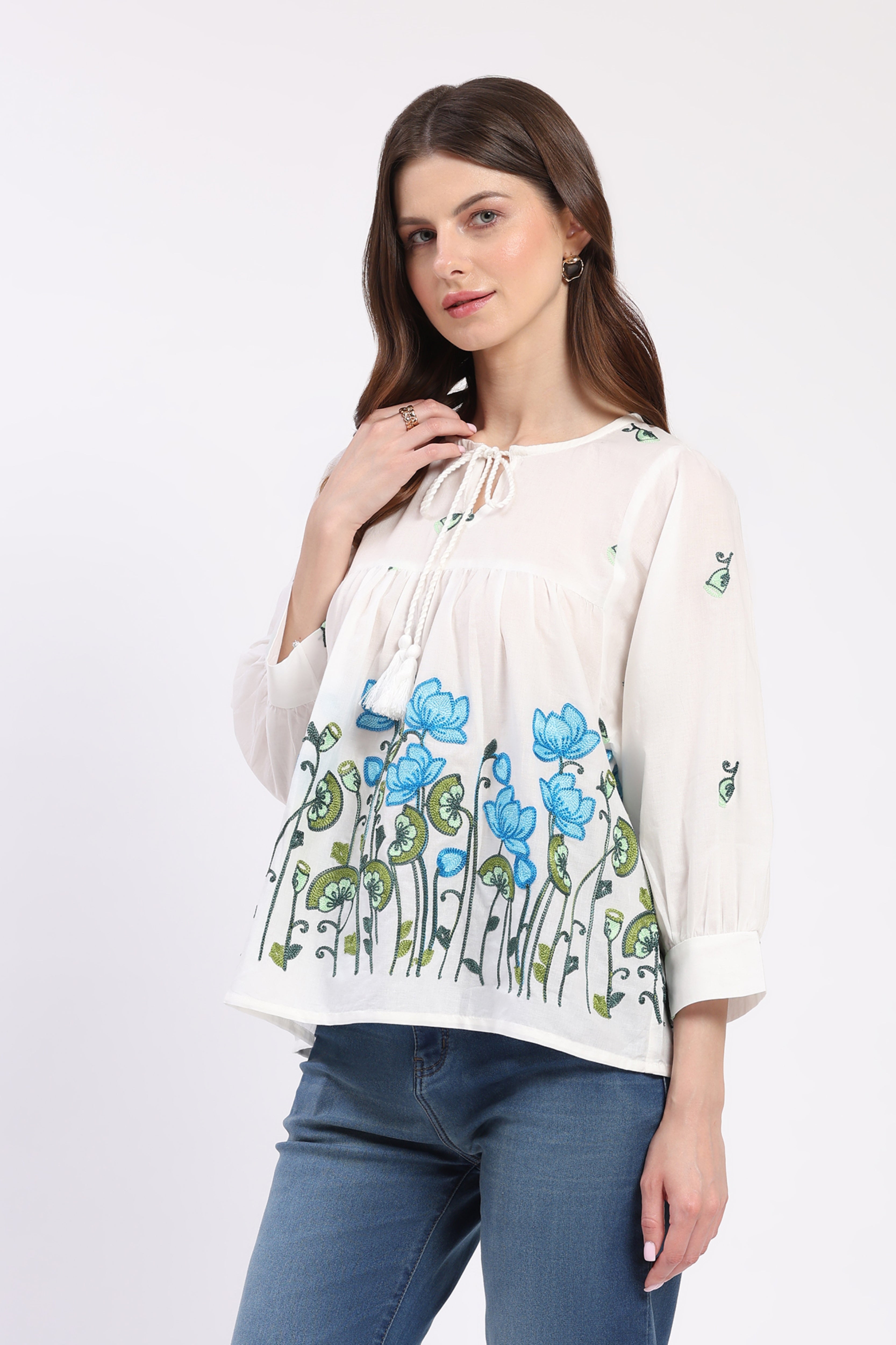 White Floral Embroidered Cotton Top