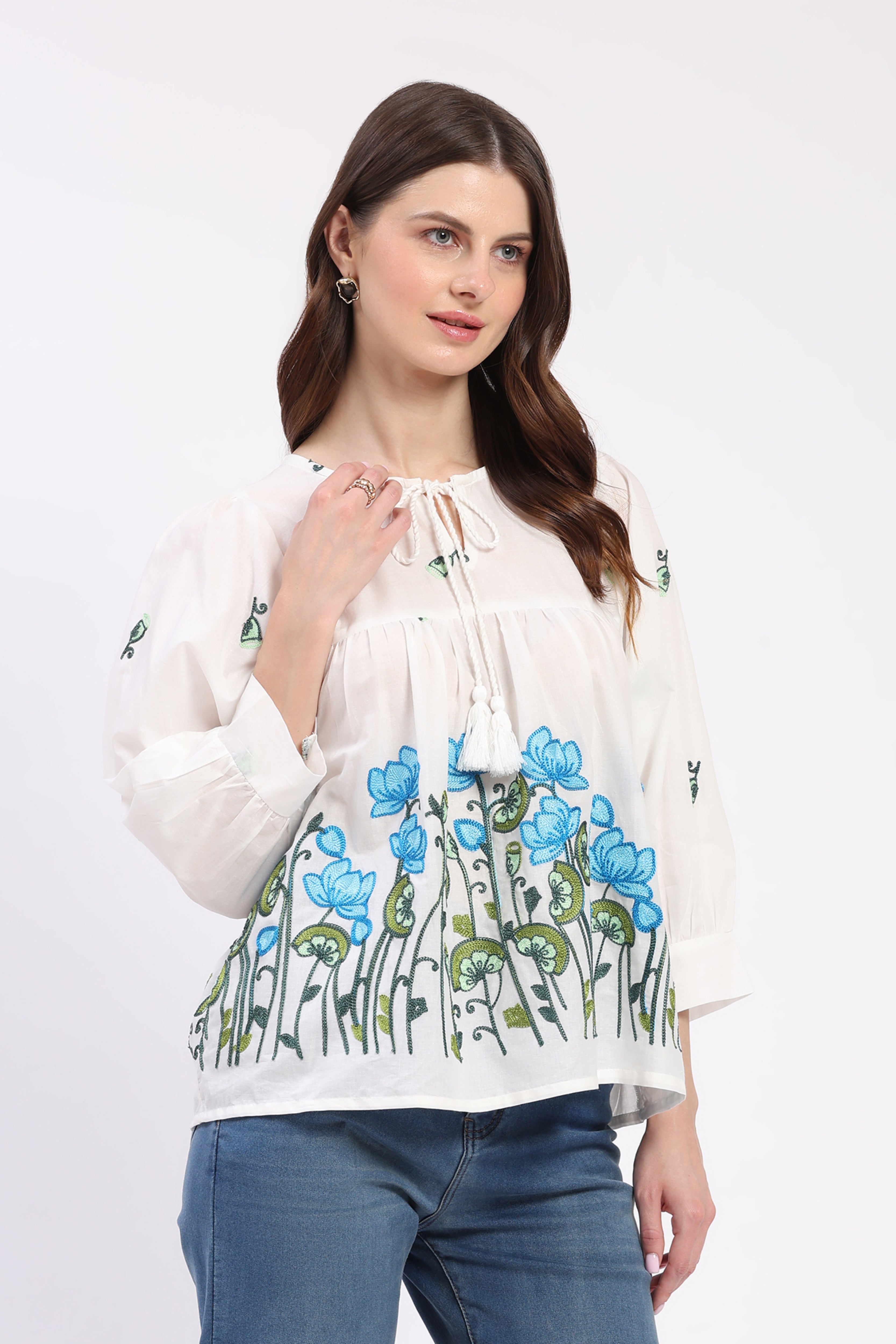 White Floral Embroidered Cotton Top