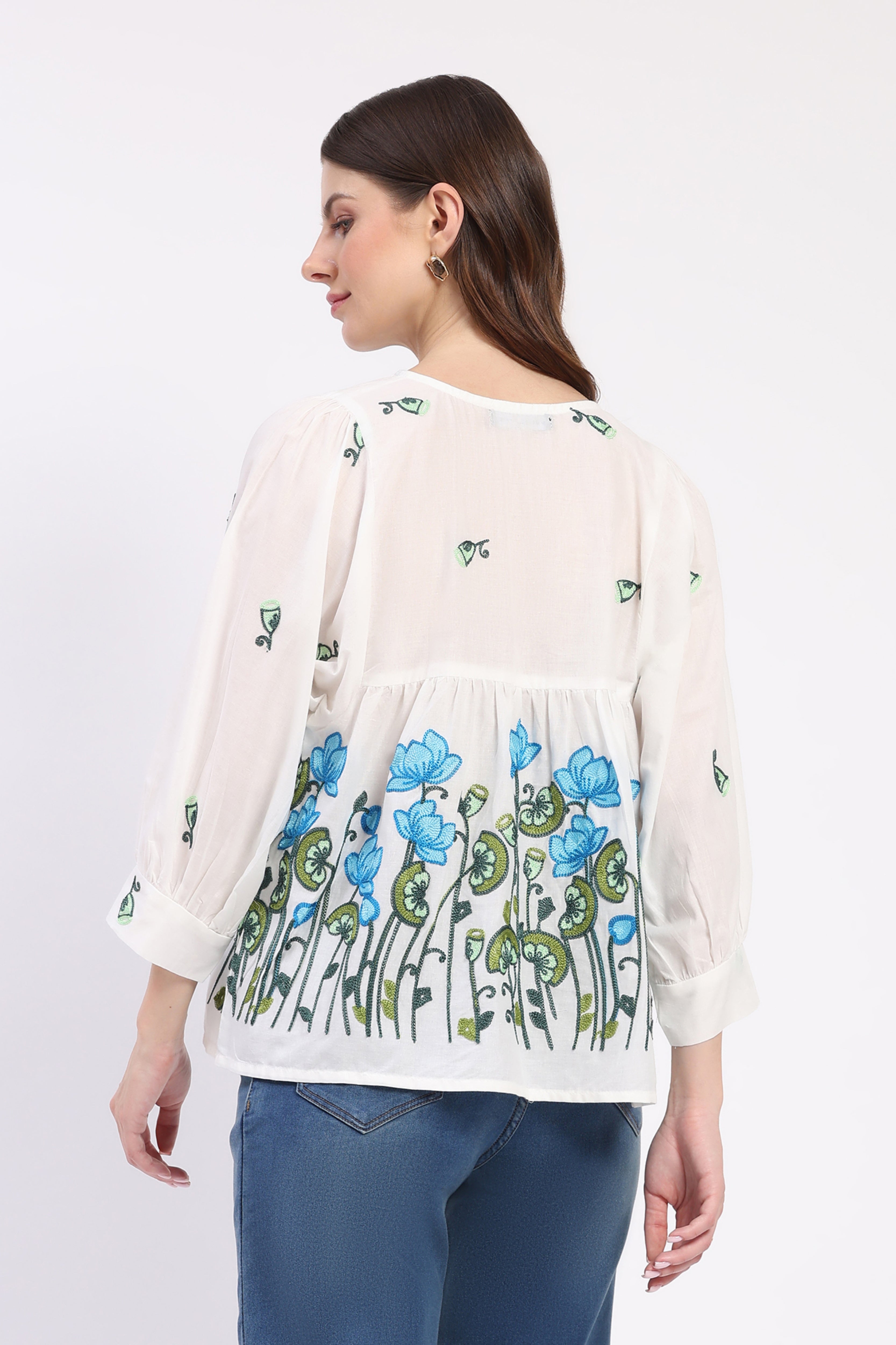 White Floral Embroidered Cotton Top