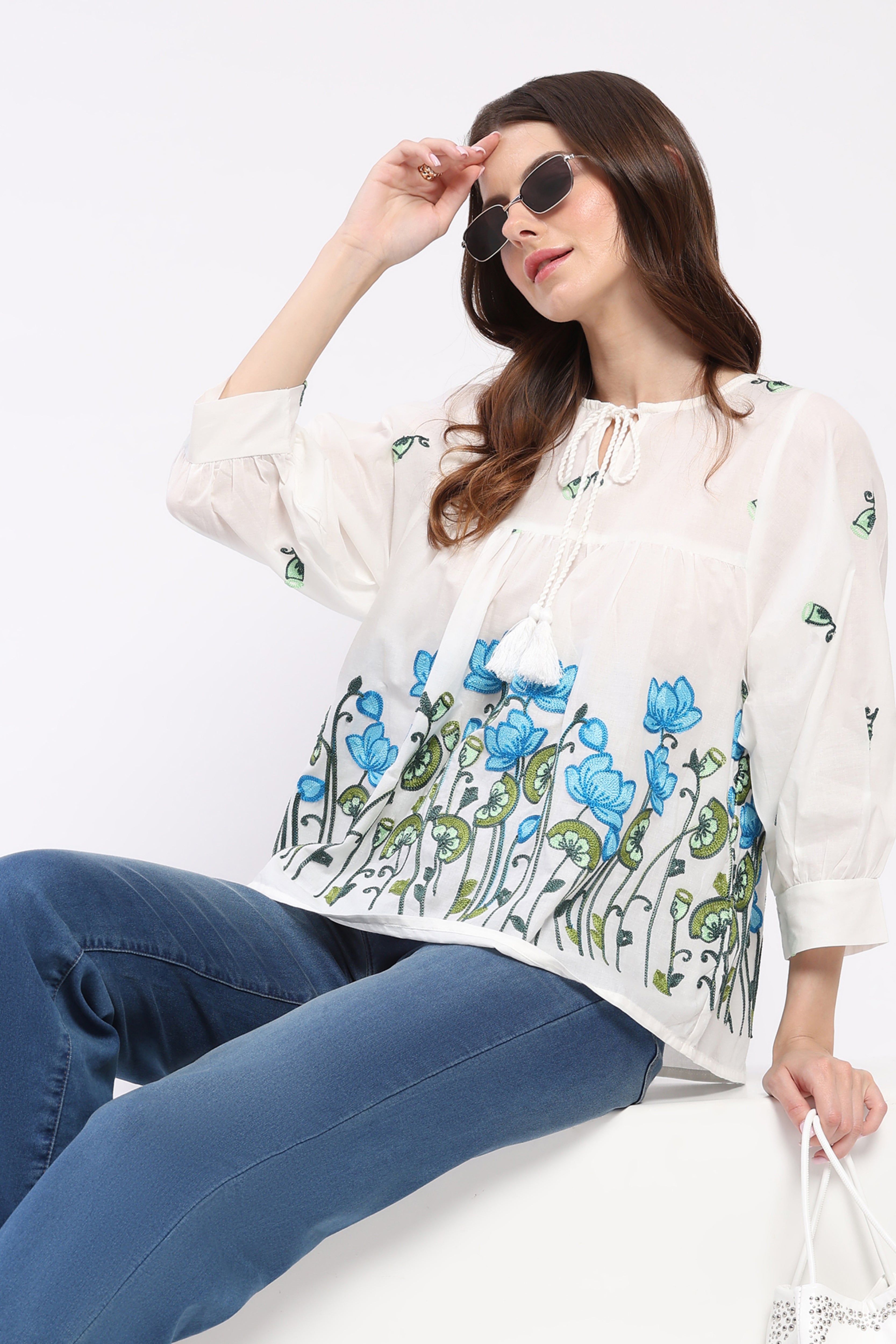 White Floral Embroidered Cotton Top