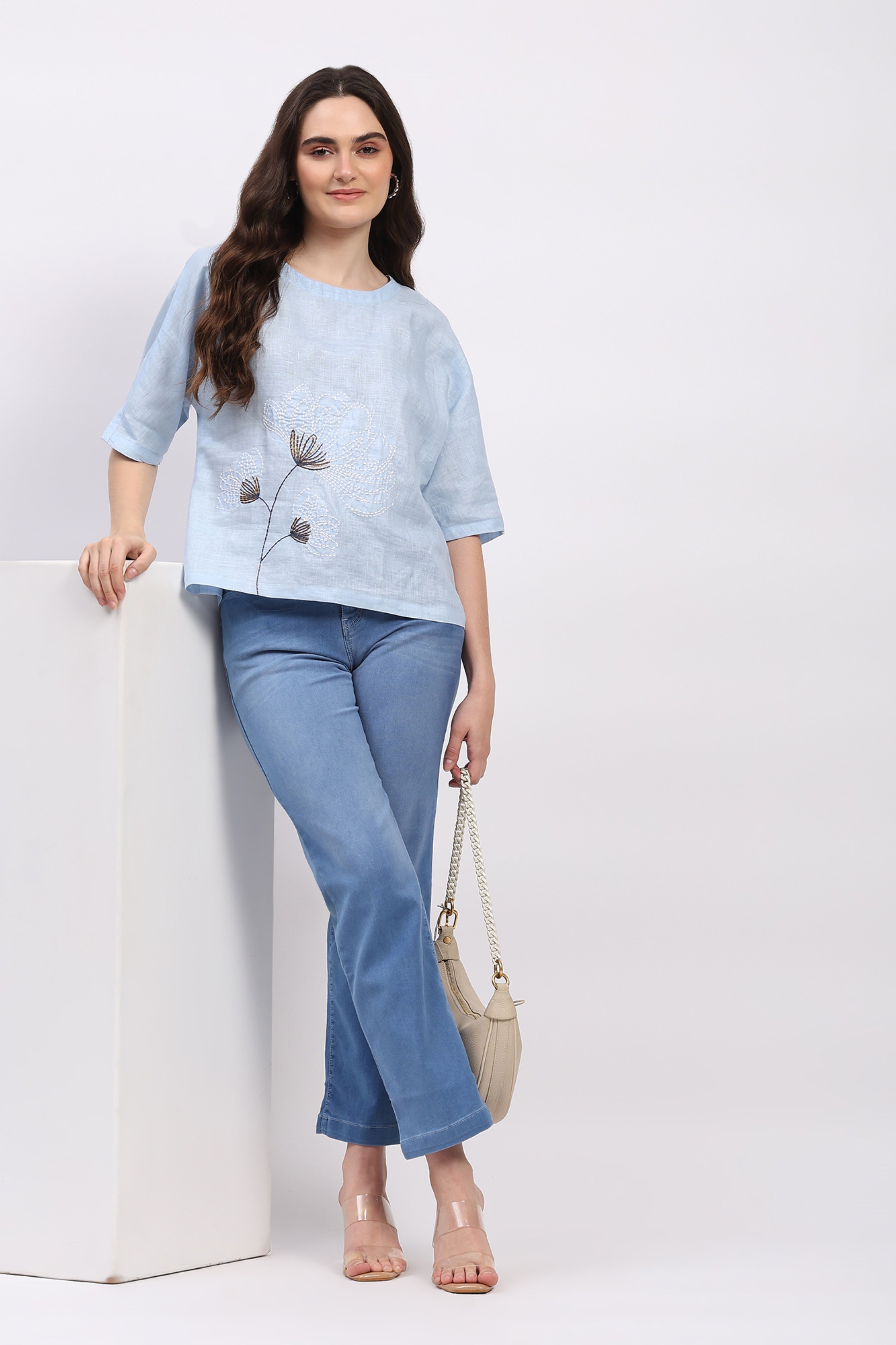 Blue Embroidered Linen Top