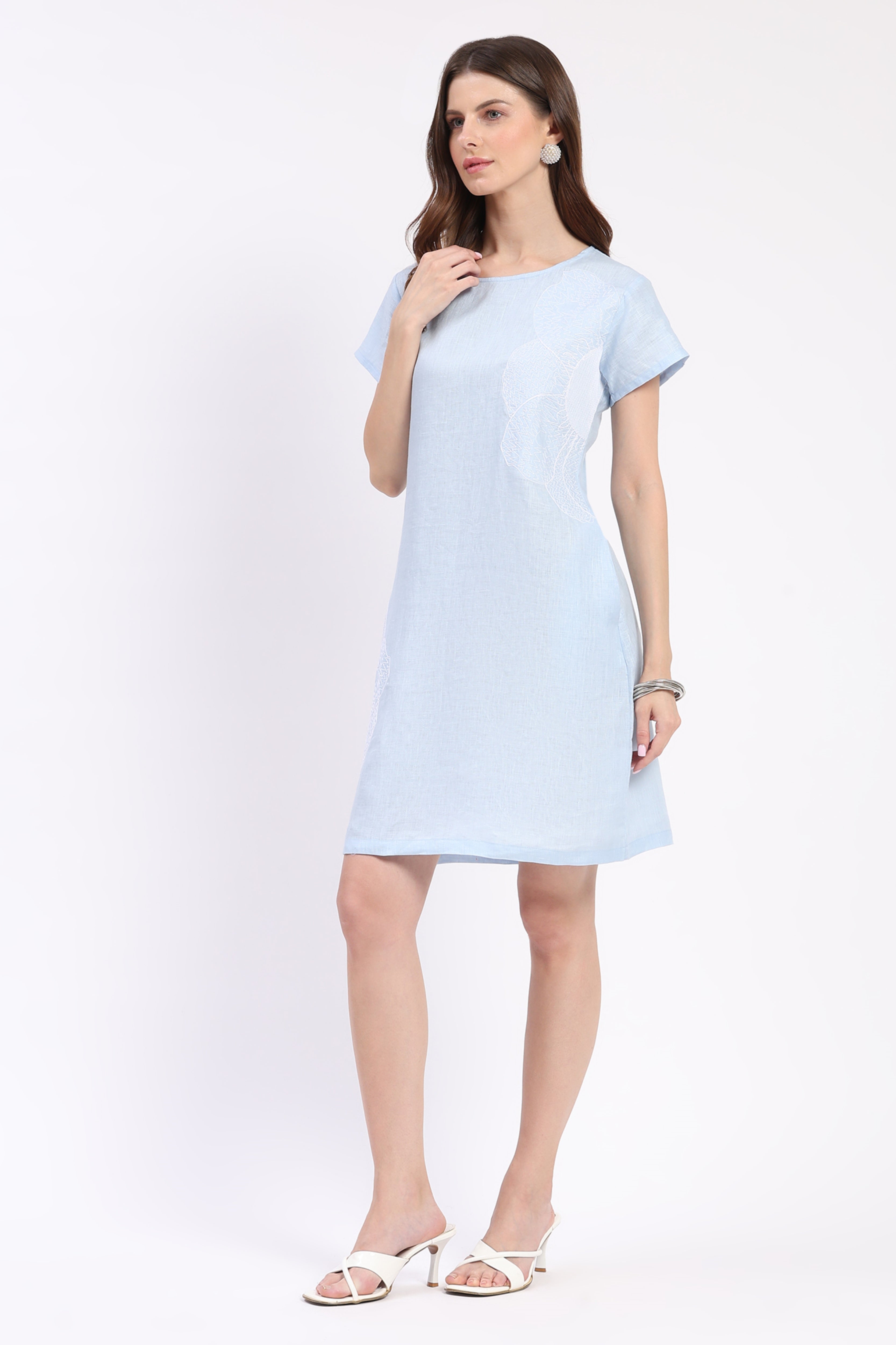 Sky Blue Embroidered Linen Dress