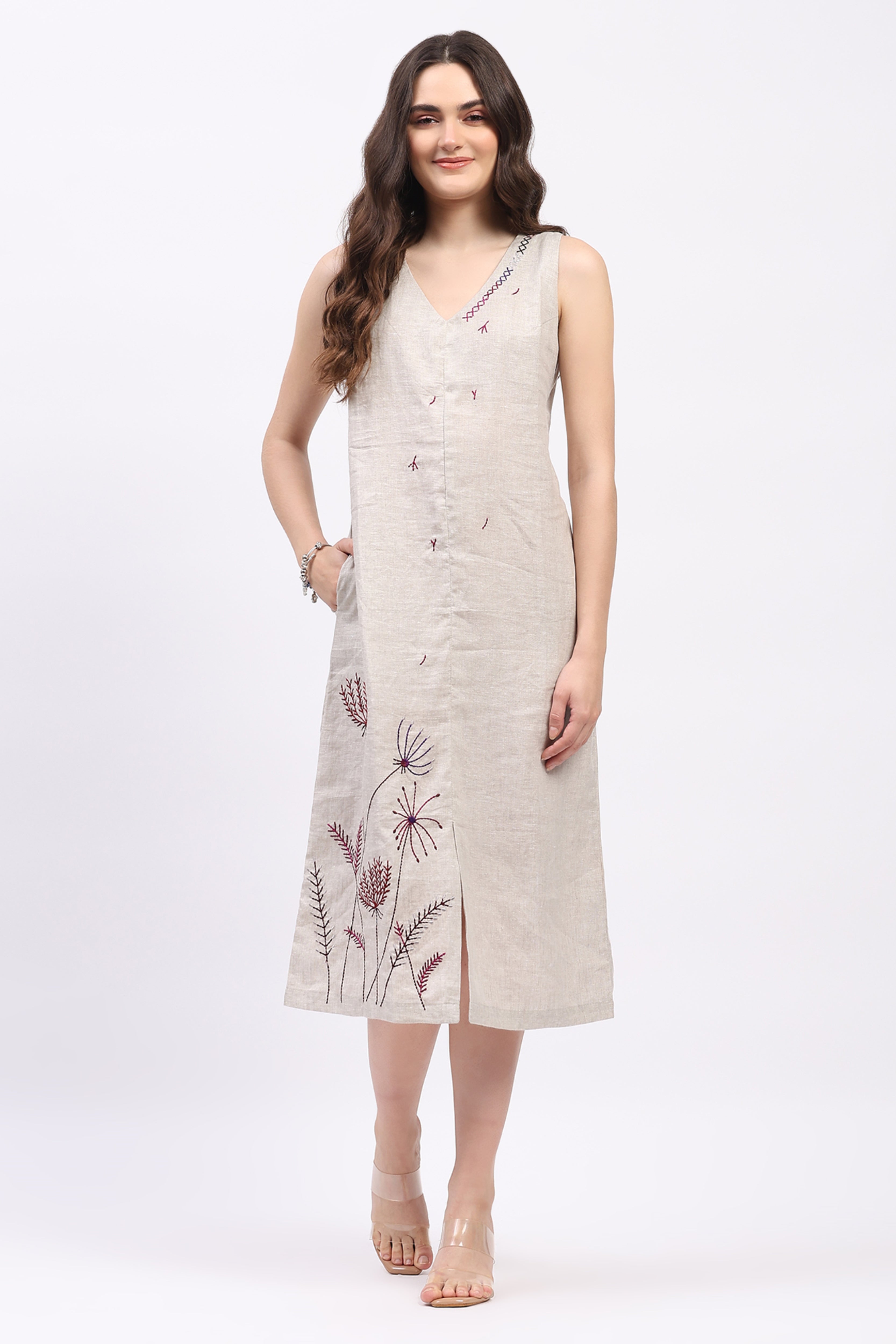 Off-White Embroidered Linen Dress