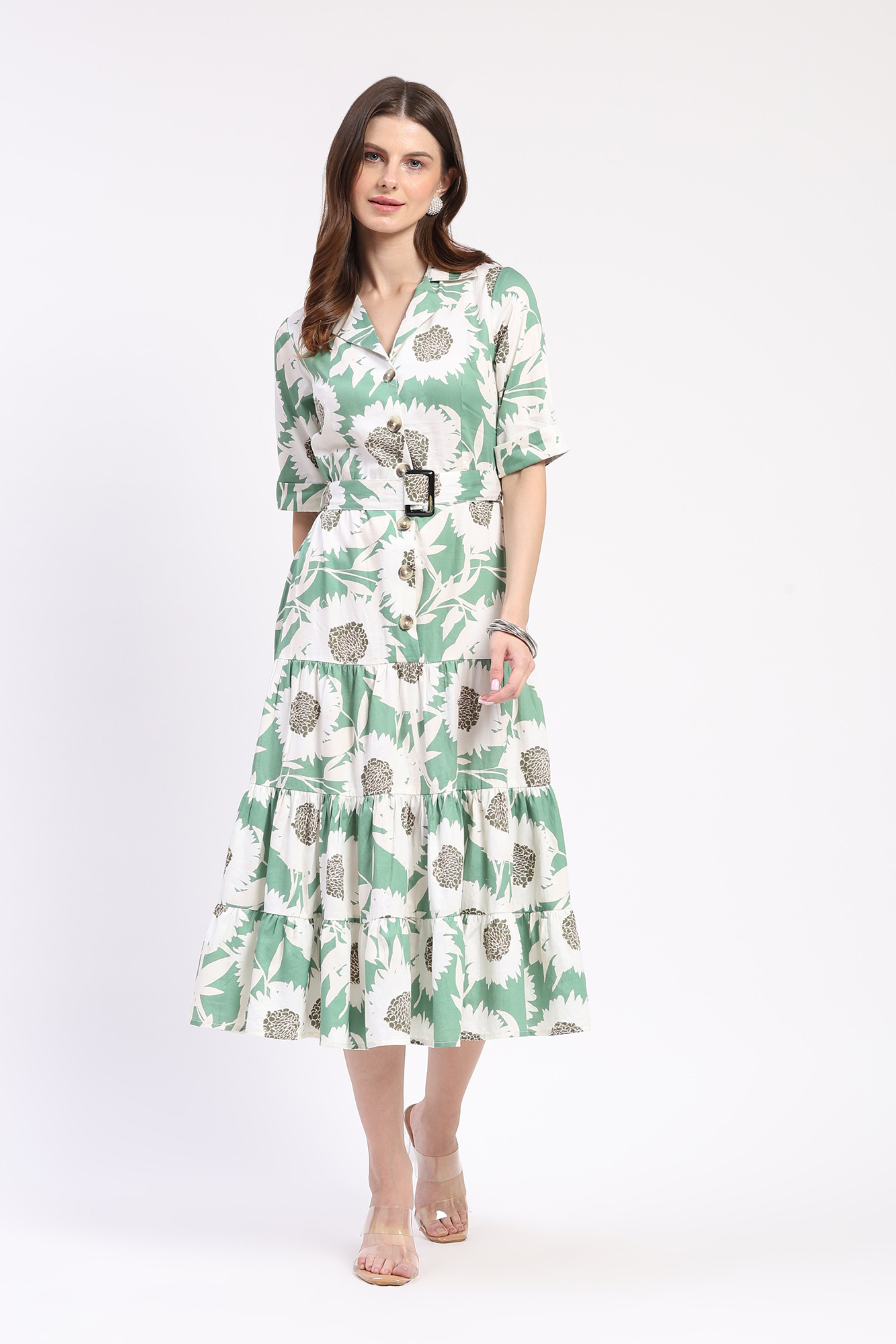 Sage Green Floral Tiered Midi Dress