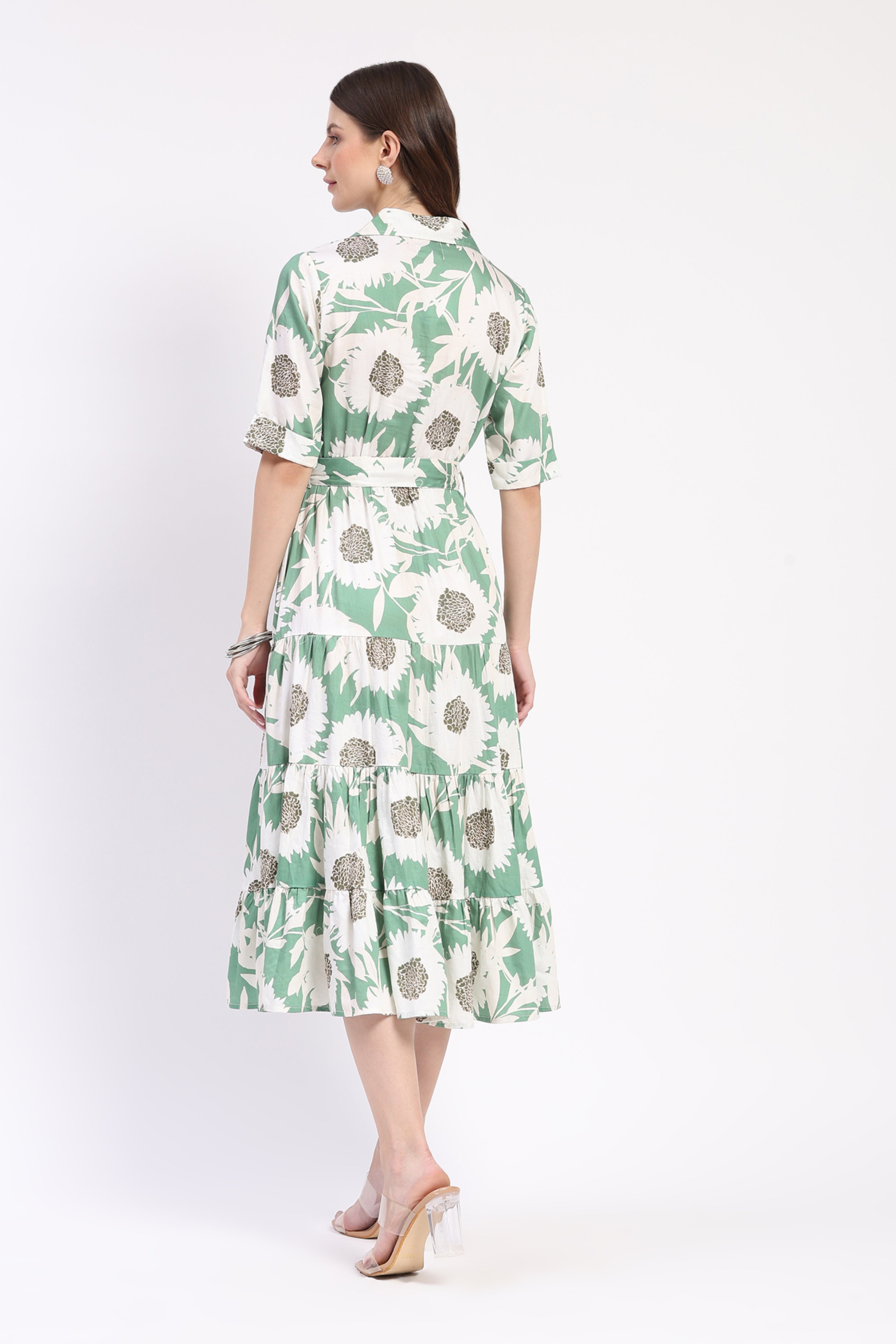 Sage Green Floral Tiered Midi Dress