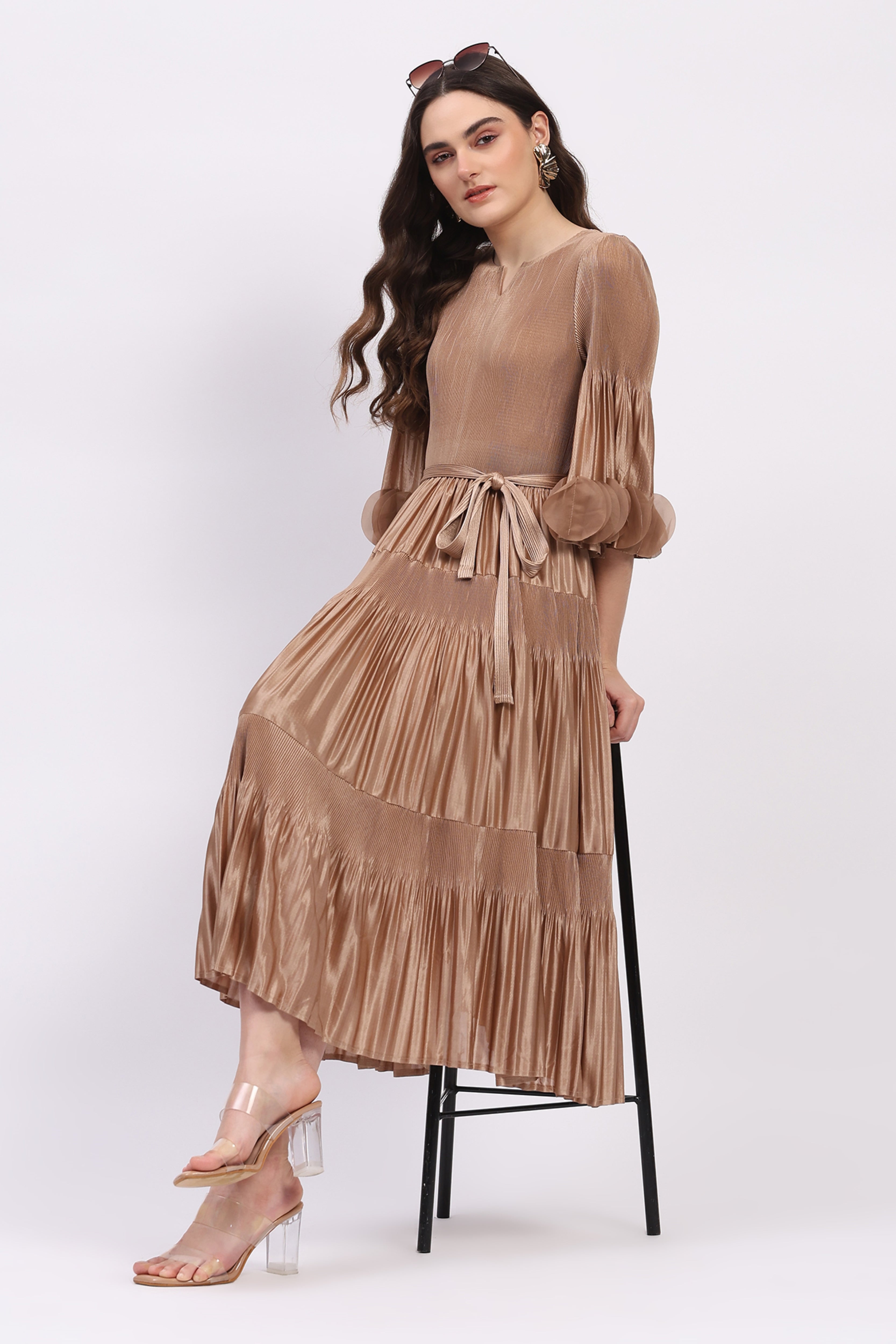 Beige Pleated Fit & Flare Midi Dress