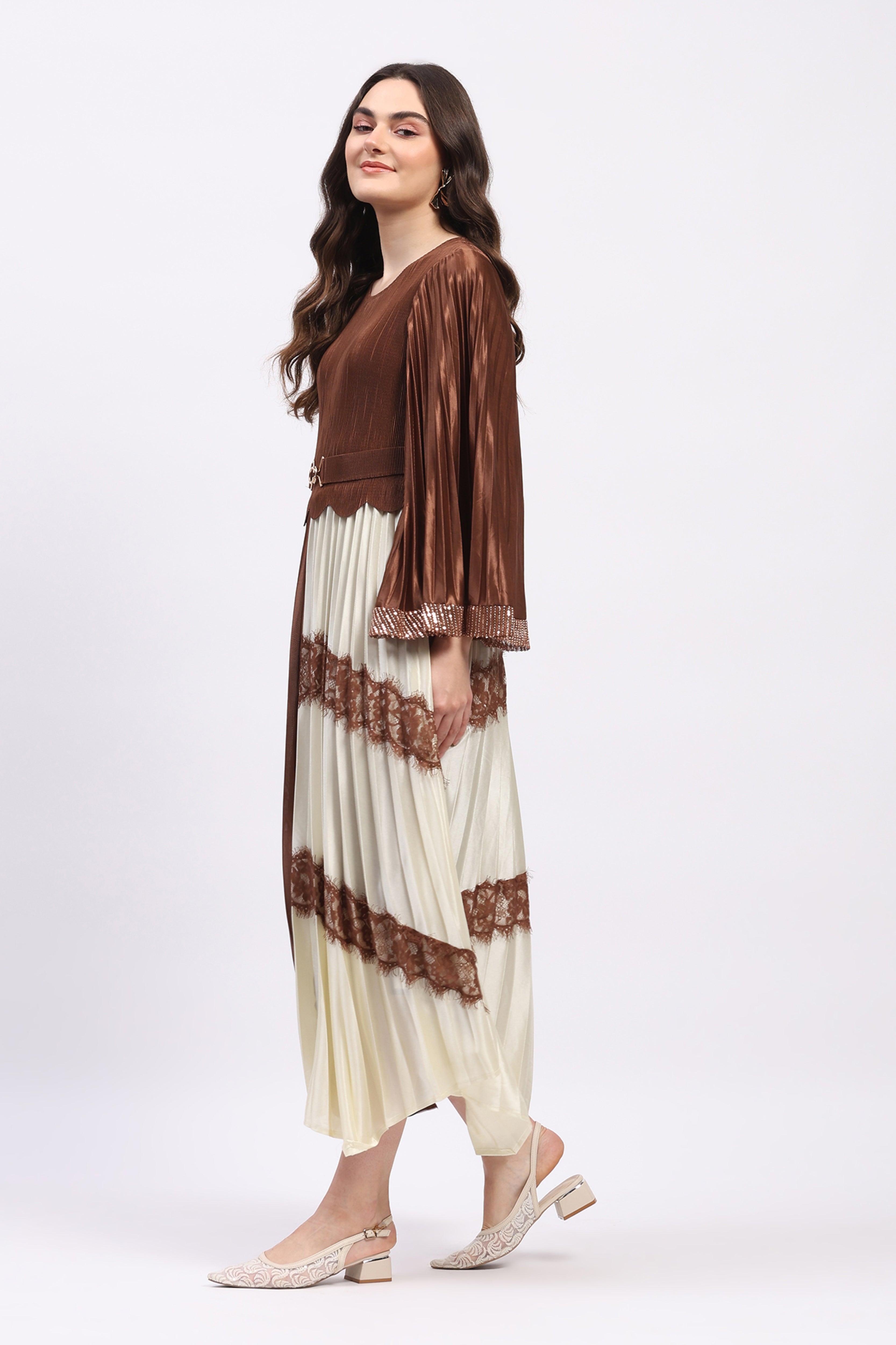 Brown Pleated Fit & Flare Maxi Dress