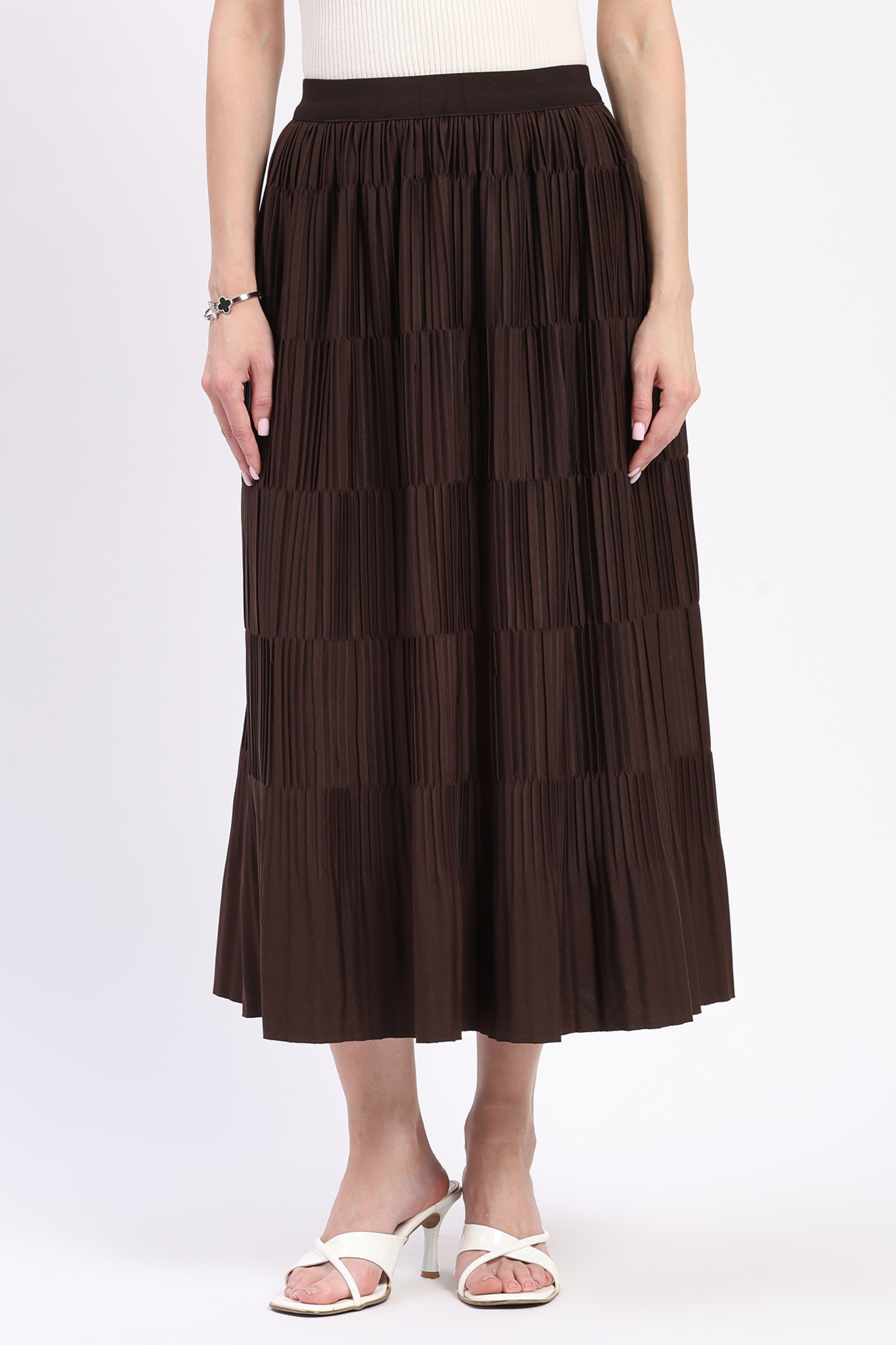 Coffee Brown Pleated Midi Skirt