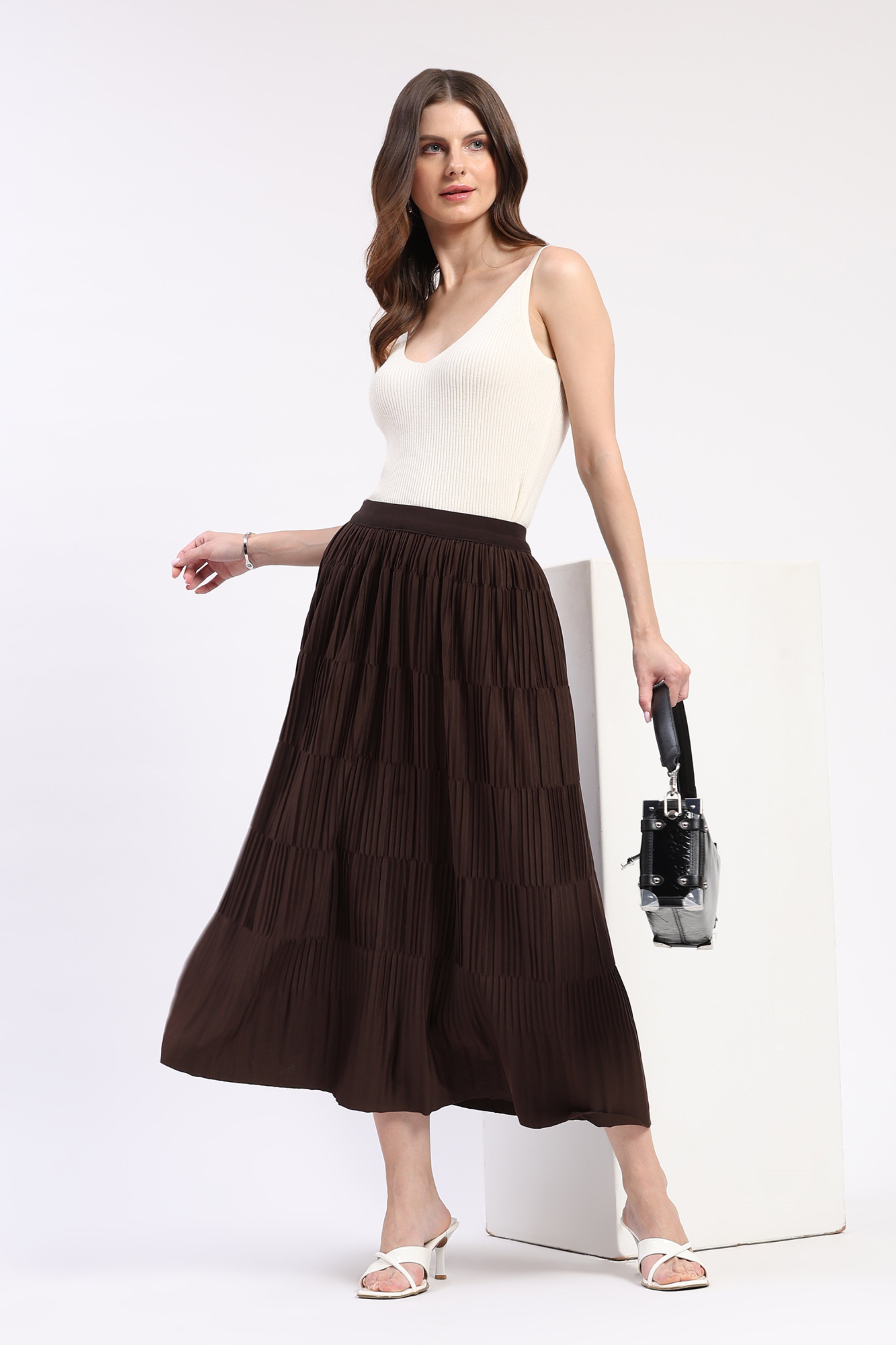 Coffee Brown Pleated Midi Skirt
