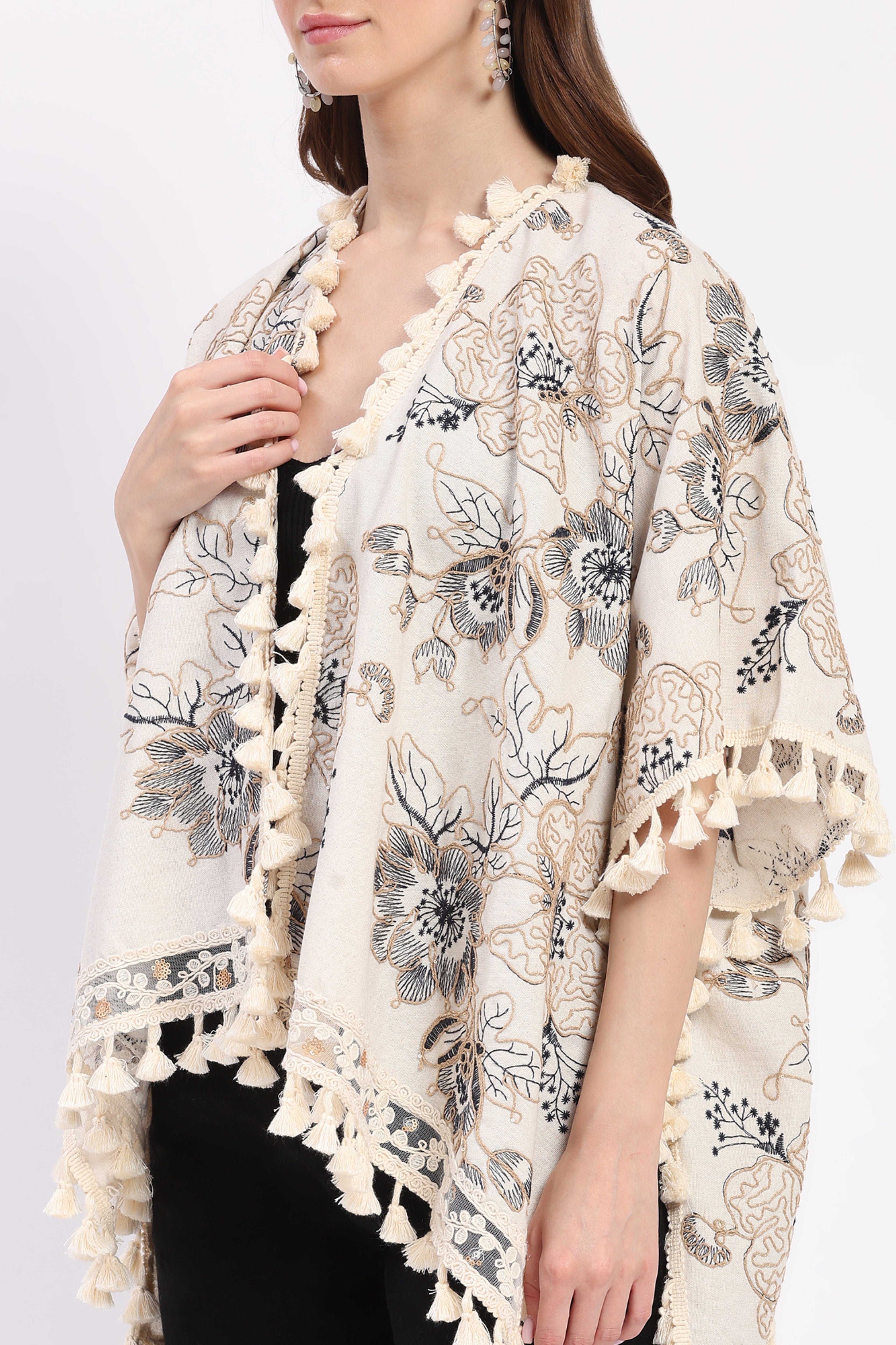 Beige Embroidered Oversized Shrug