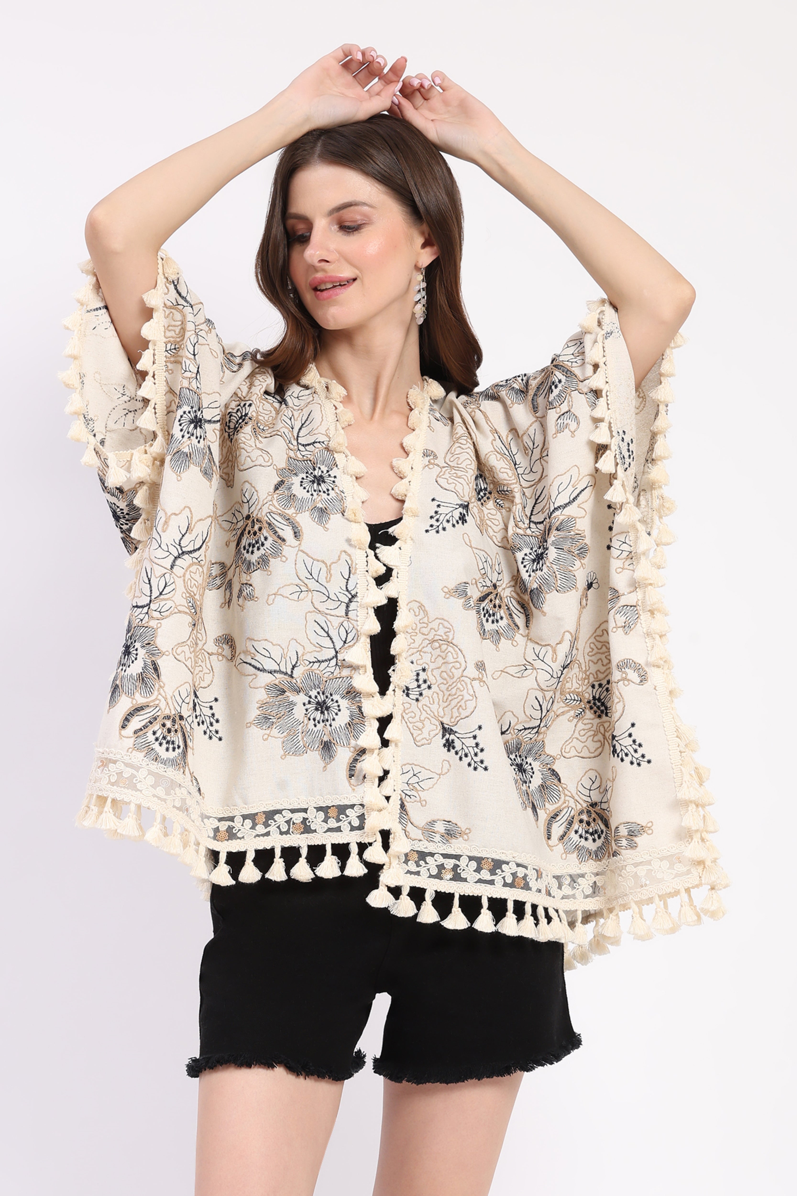 Beige Embroidered Oversized Shrug