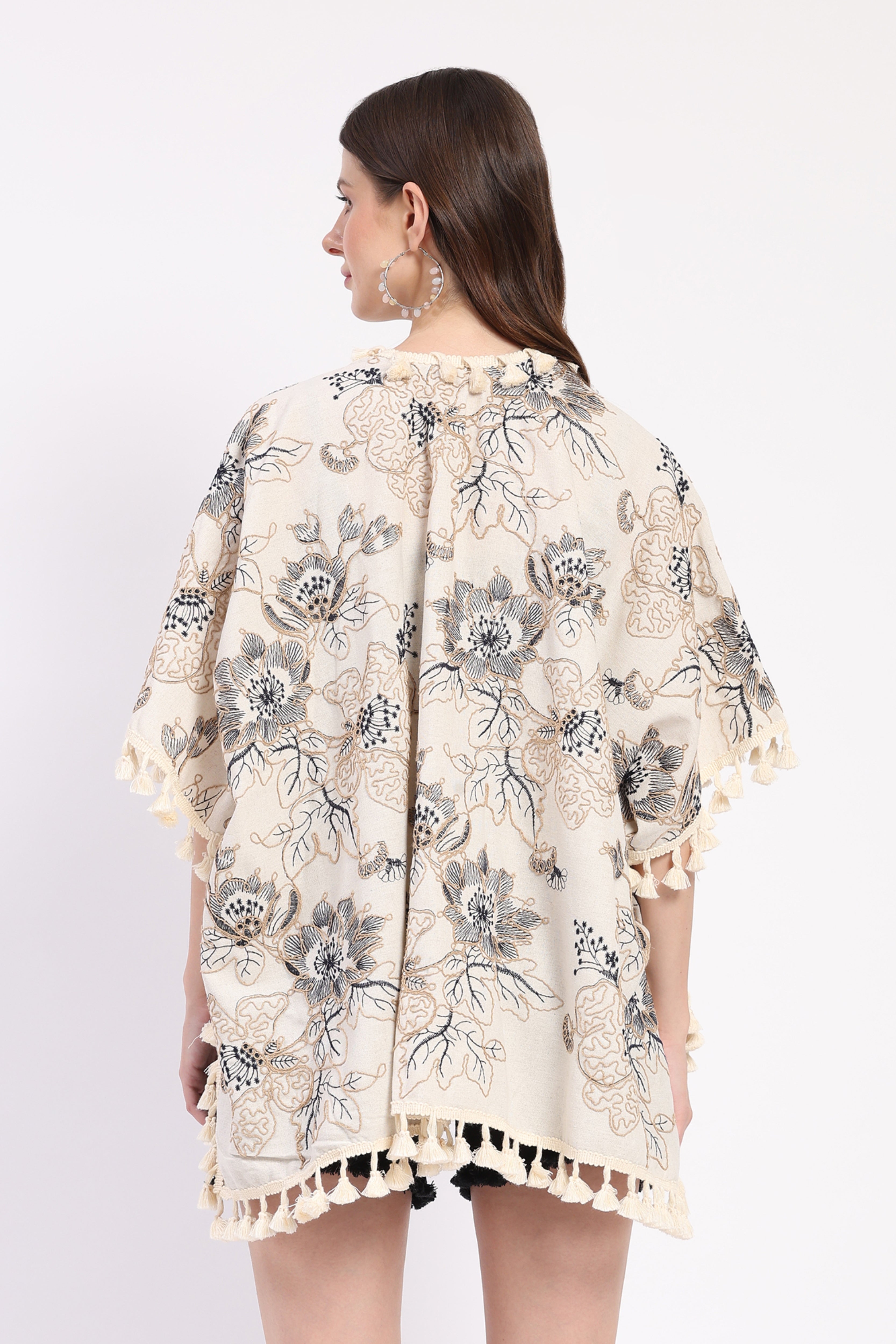 Beige Embroidered Oversized Shrug