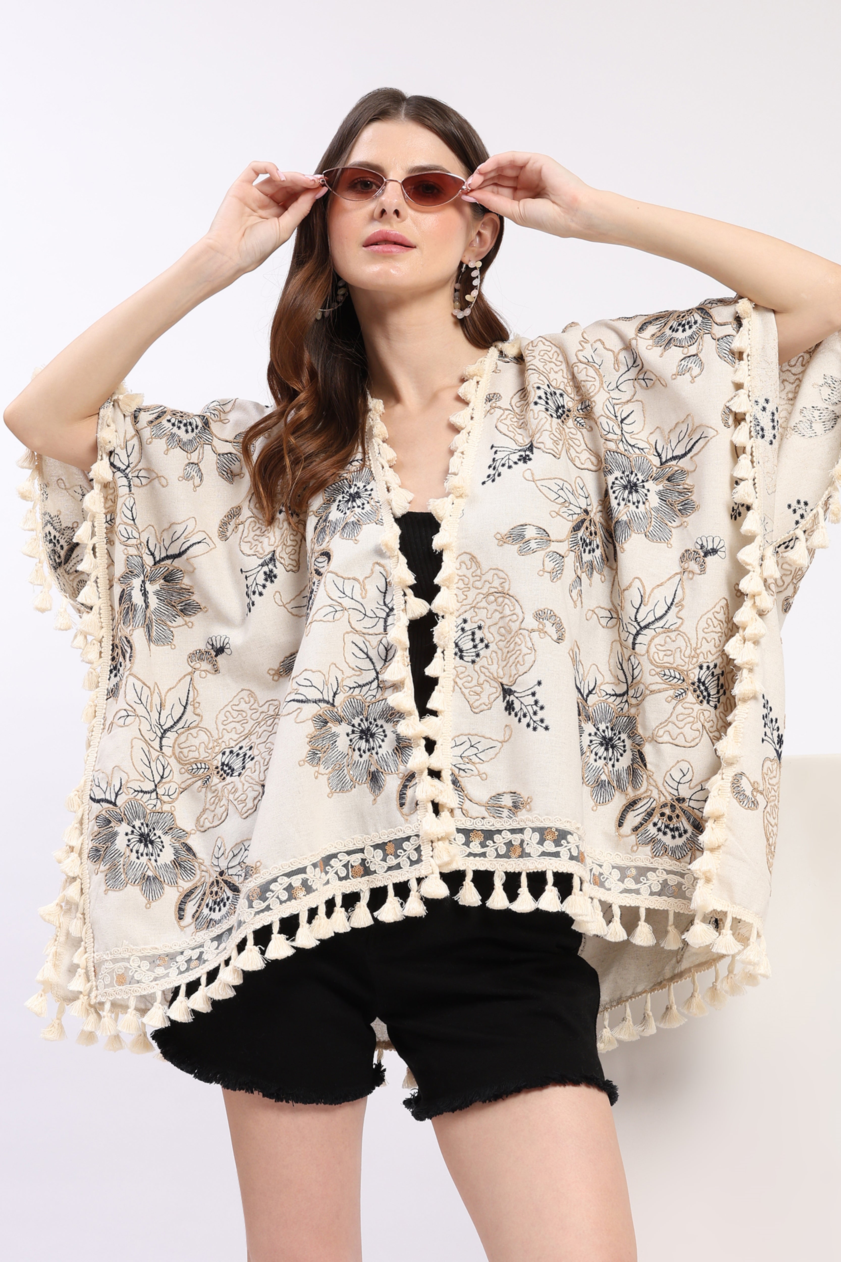 Beige Embroidered Oversized Shrug