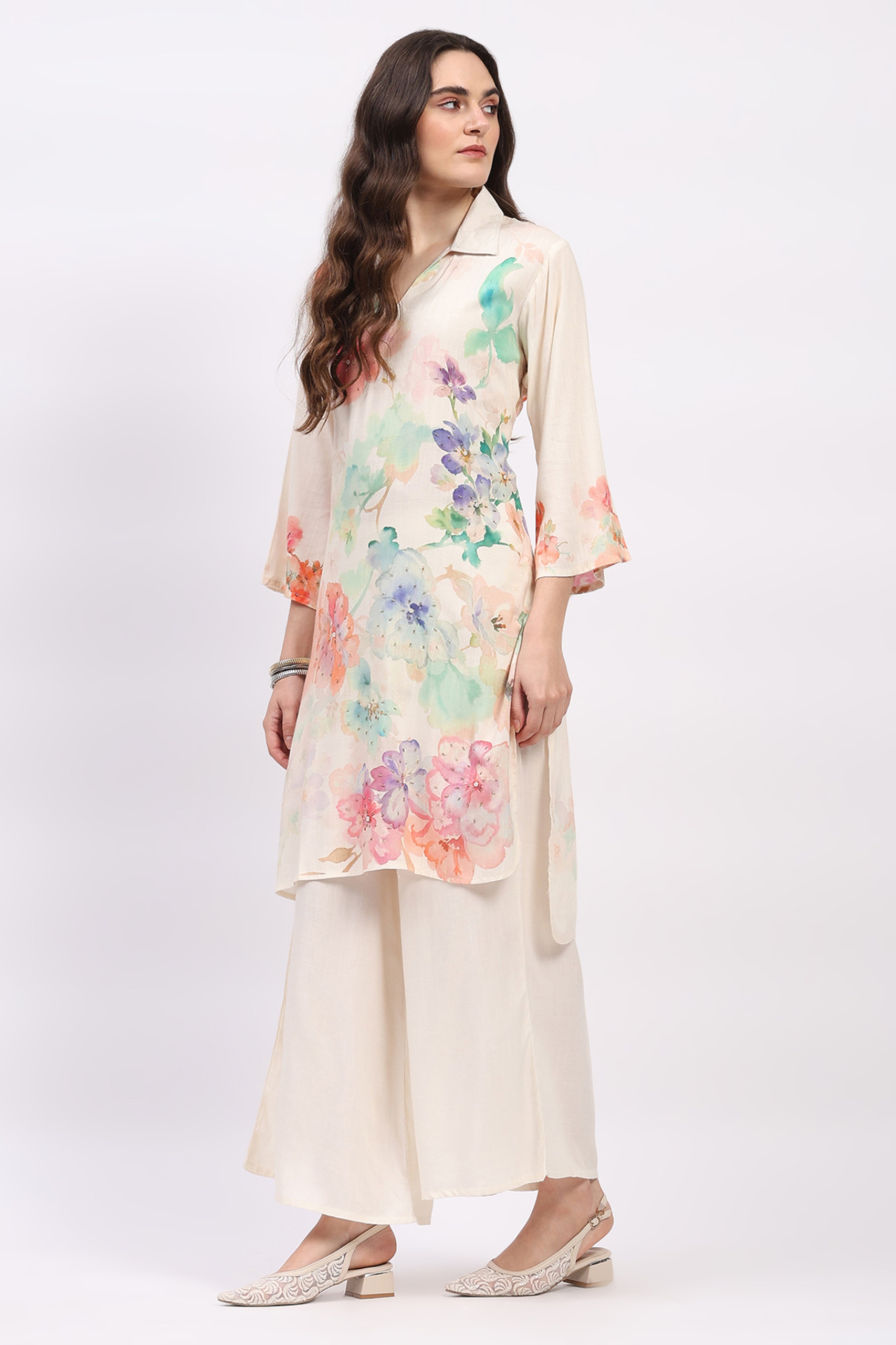 Off-White Floral Printed Kurta Pant Set