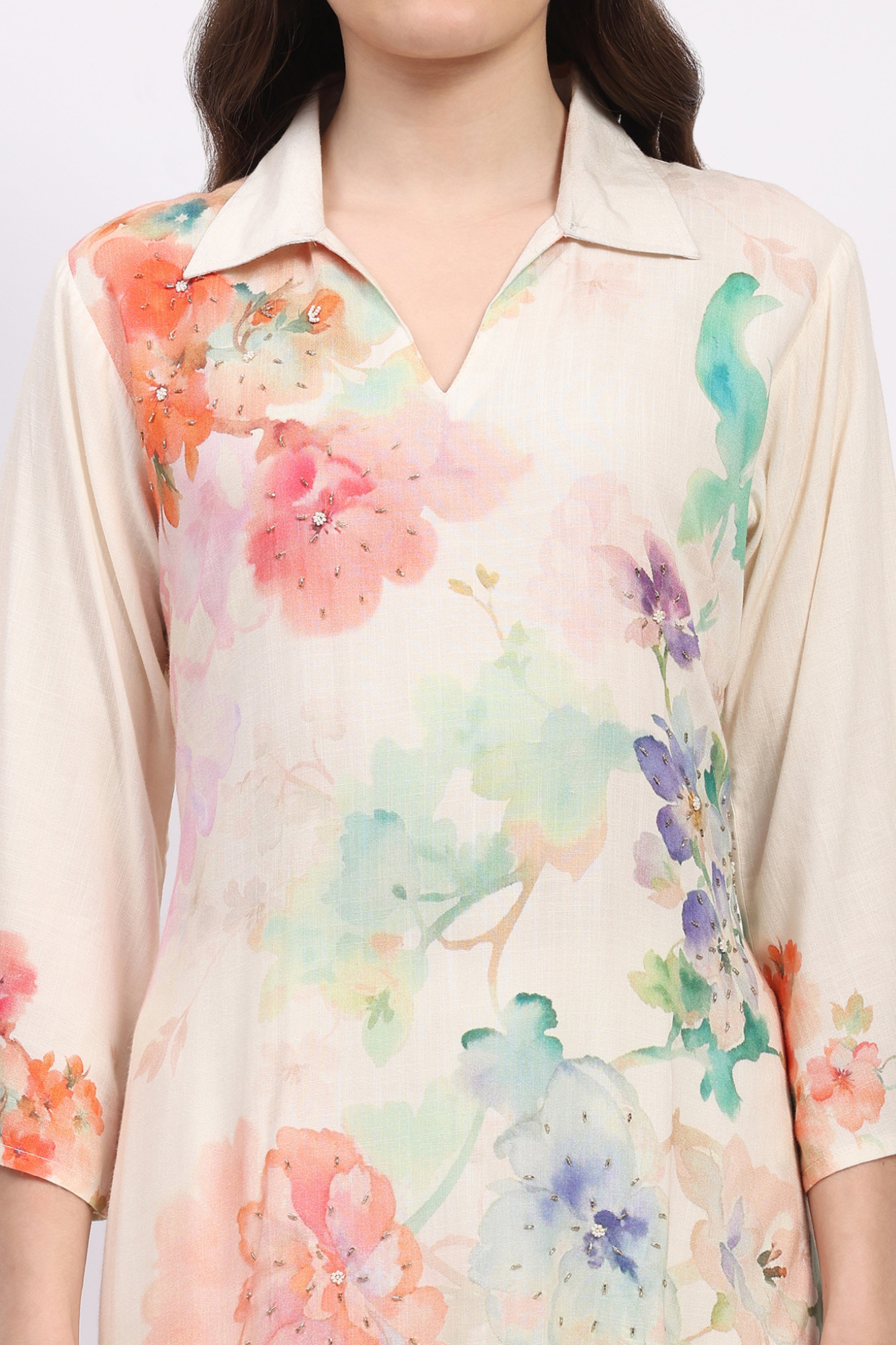 Off-White Floral Printed Kurta Pant Set