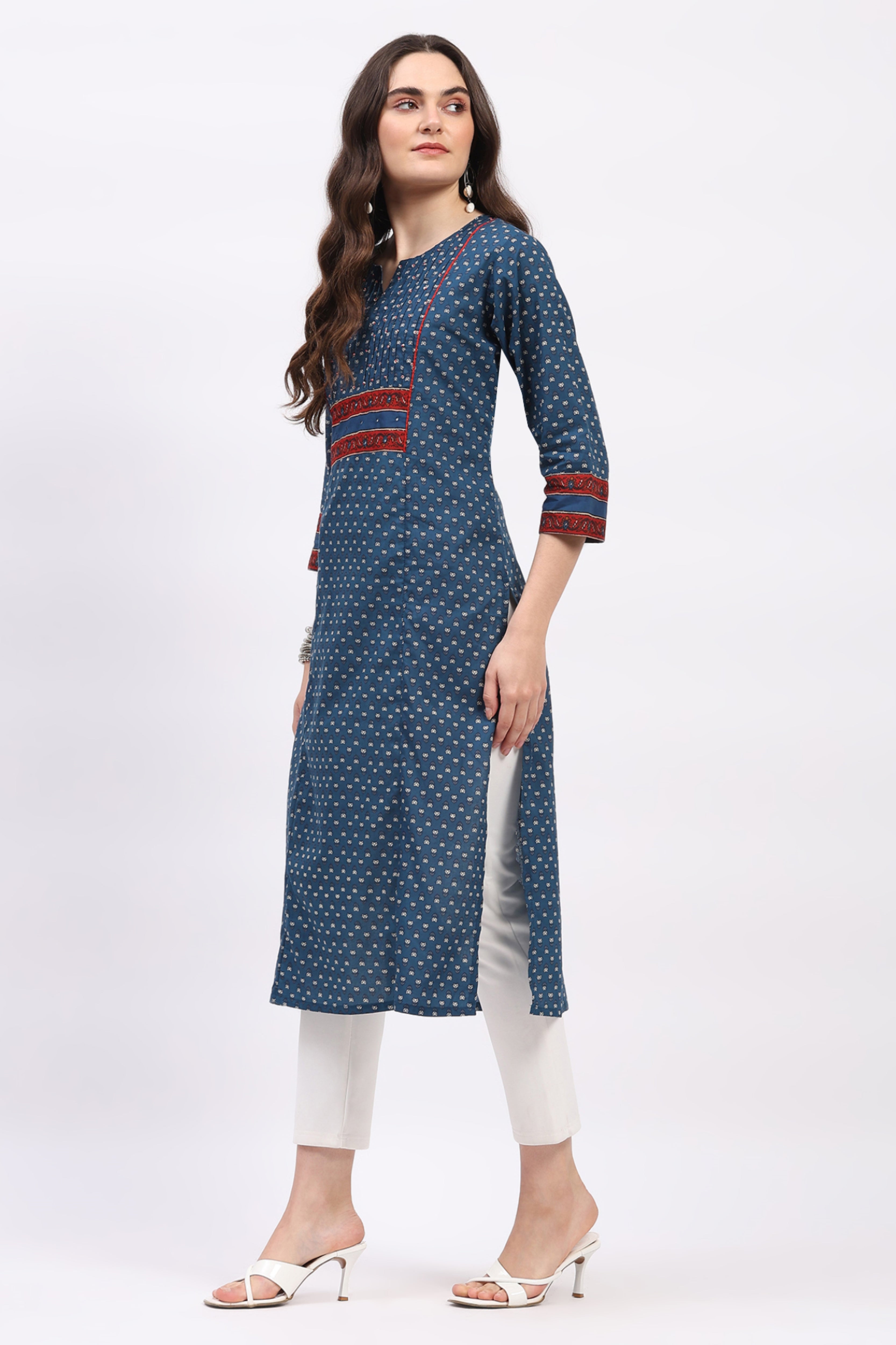 Blue Cotton Pintuck Embellished Kurta