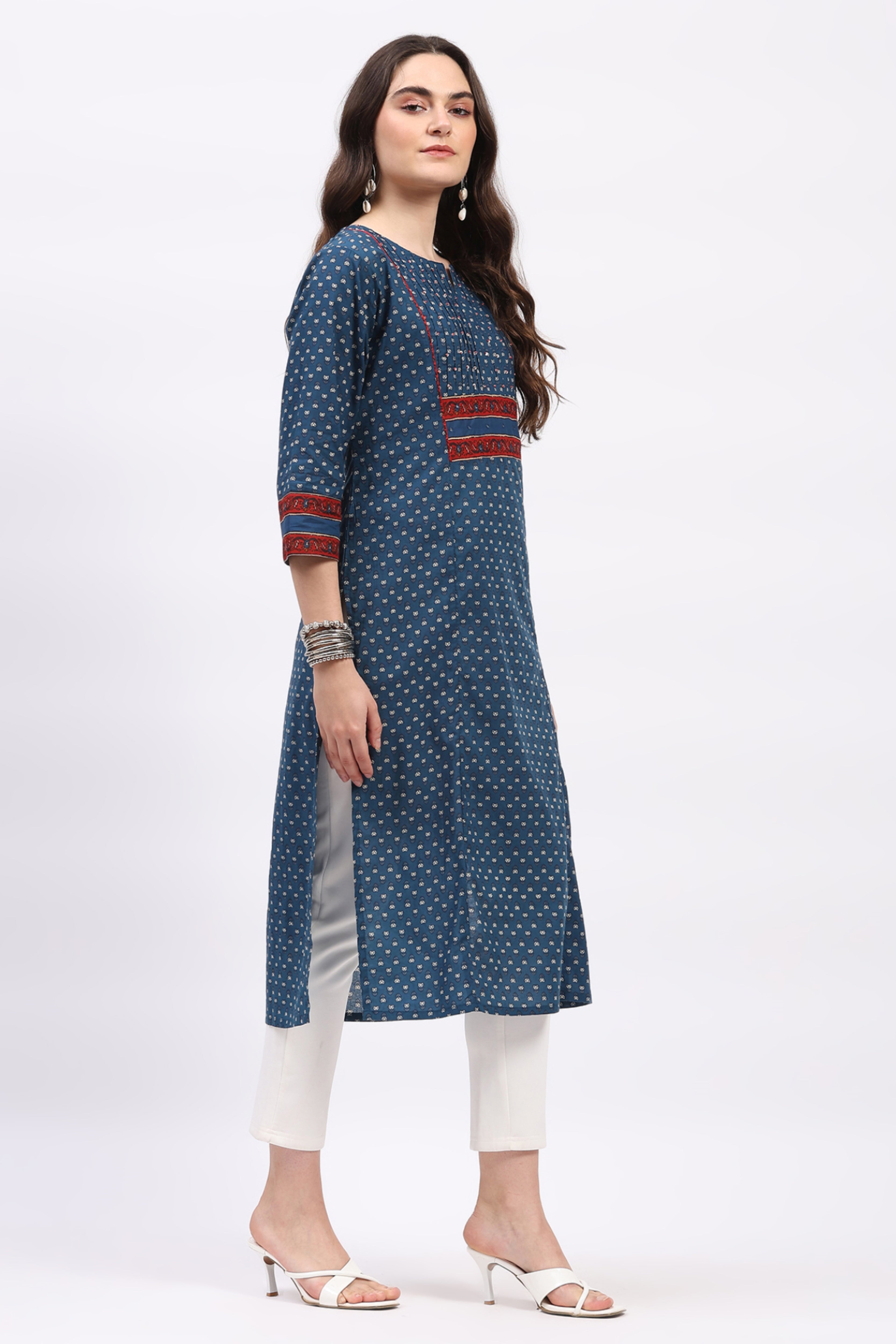 Blue Cotton Pintuck Embellished Kurta